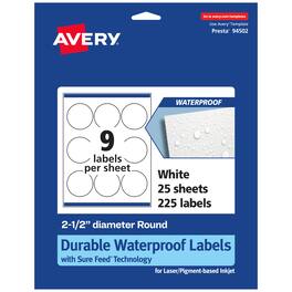 Avery - 2-1/2" diameter Waterproof Round Labels, 225 Labels - White