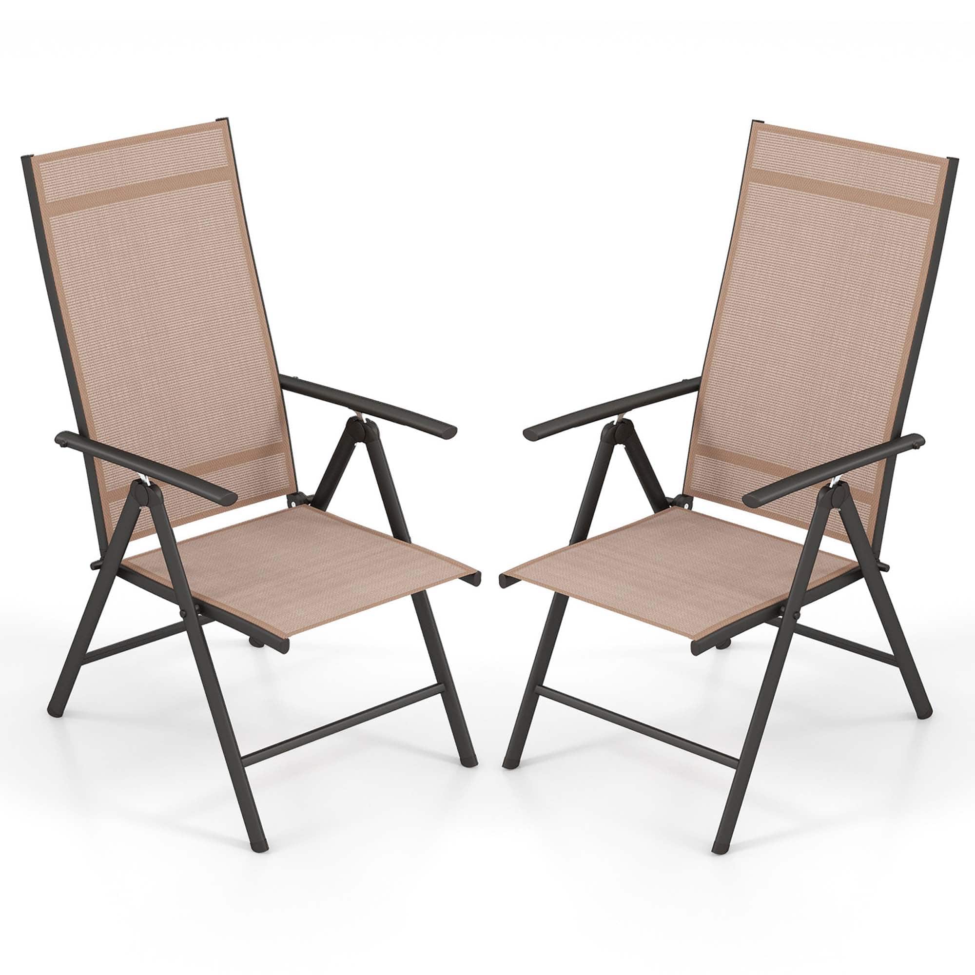 Front. Costway - 2 PCS Patio Folding Dining Chair with 7-Level Adjustable High Backrest for Garden - Brown.