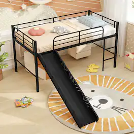 Gymax - Twin Metal Loft Bed with Slide Guardrails Built-in Ladder Low Bed Frame - Black