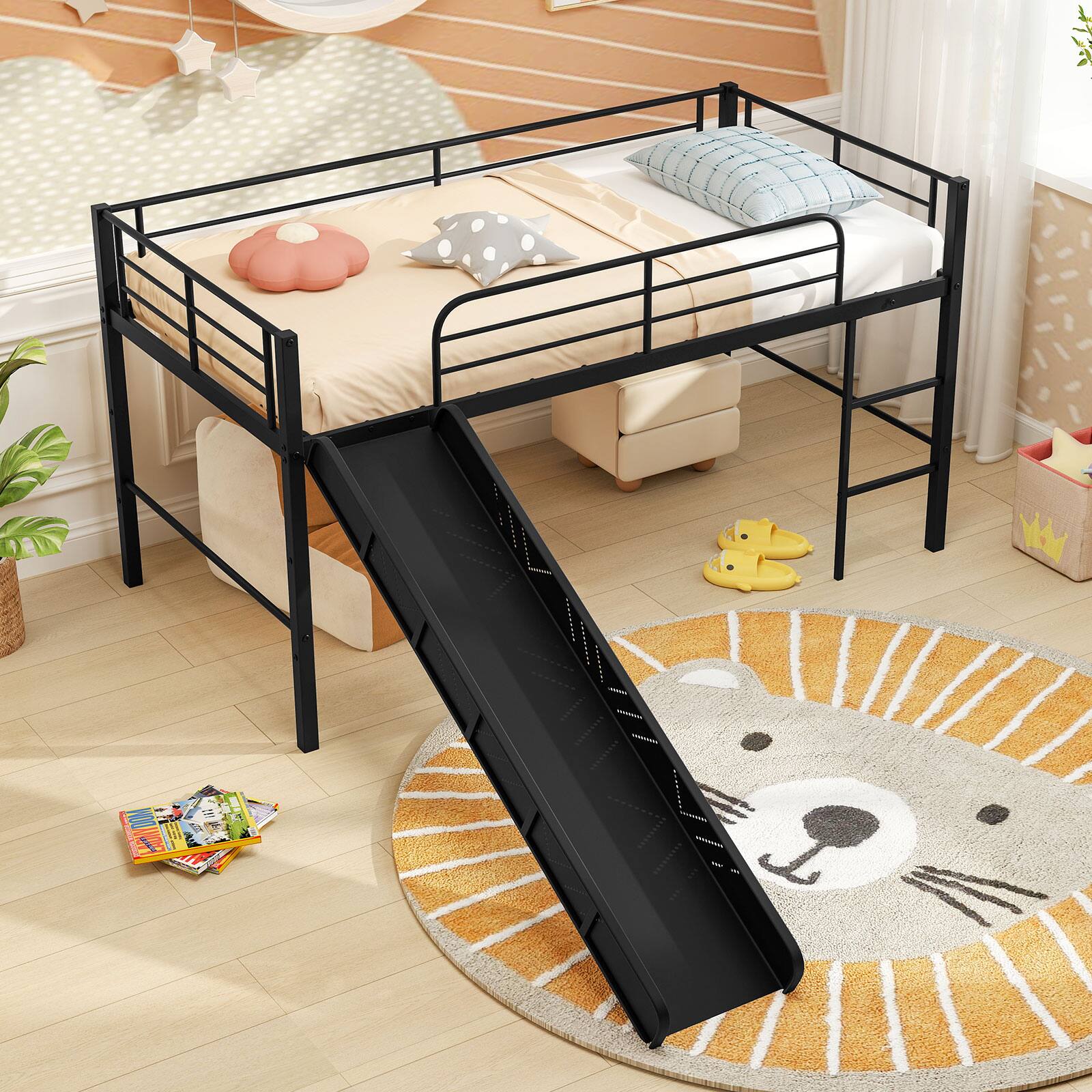 Front. Gymax - Gymax Twin Metal Loft Bed with Slide Guardrails Built-in Ladder Low Bed Frame Black - Black.