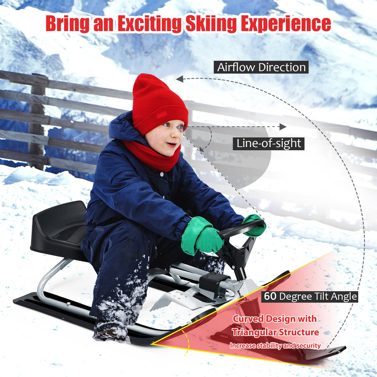 Bring an Exciting Skiing Experience with Airflow Direction, Line-of-sight, and a 60 Degree Tilt Angle. The design is curved with a triangular structure, providing increased stability and security.