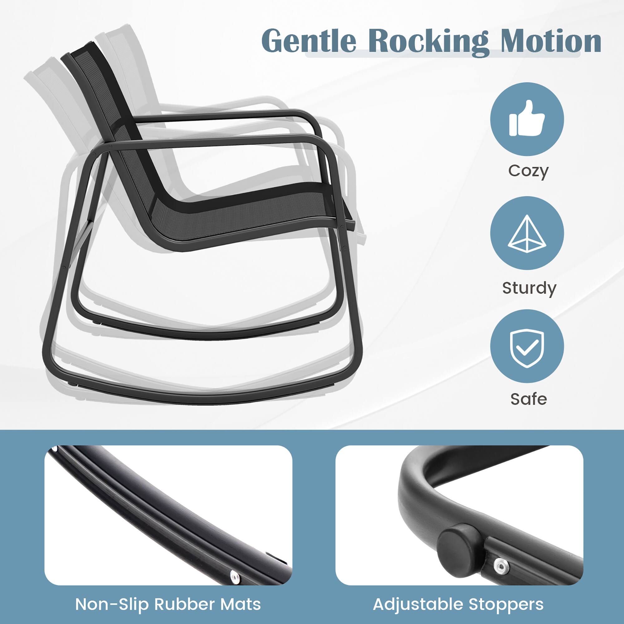 Gentle Rocking Motion

- Cozy
- Sturdy
- Safe

Non-Slip Rubber Mats

Adjustable Stoppers