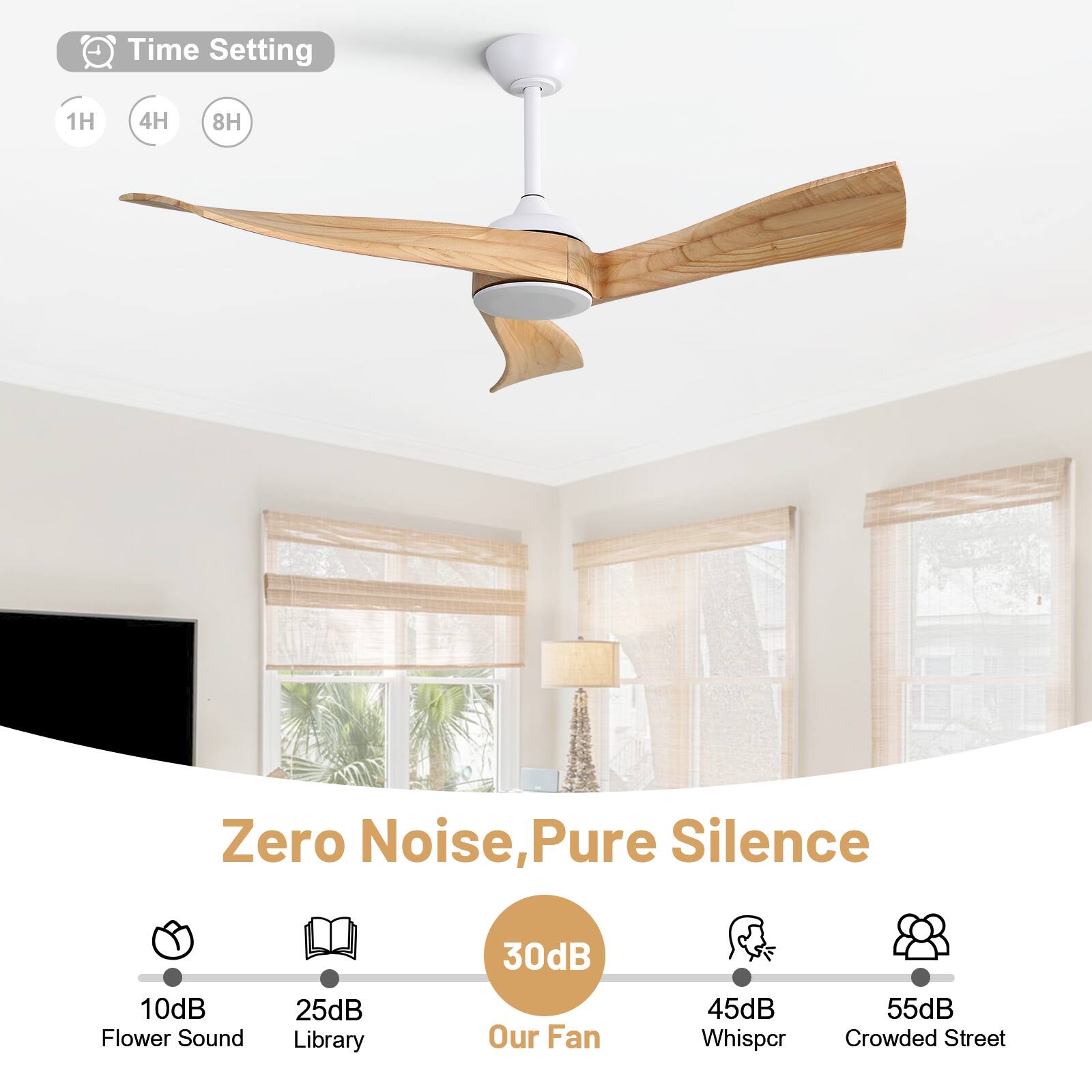 Time Setting: 1H, 4H, 8H

Zero Noise, Pure Silence

- Flower Sound: 10dB
- Library: 25dB
- Our Fan: 30dB
- Whispcr: 45dB
- Crowded Street: 55dB