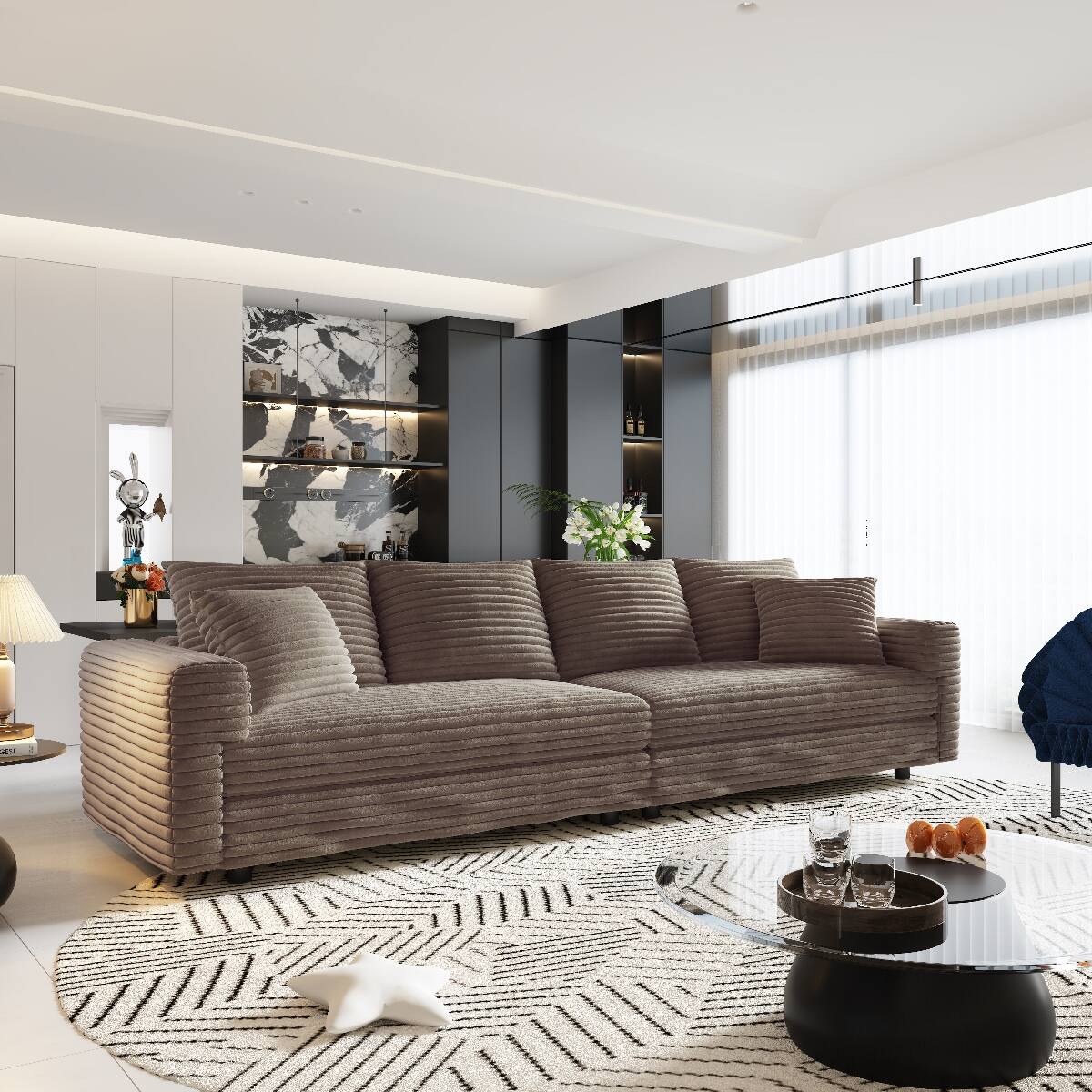 Left. Ropilly - Ropilly 102.4 Inch Camel 4 Seat Corduroy Sofa with Movable Ottomans Deep Seat Upholstered Sofa - Camel.