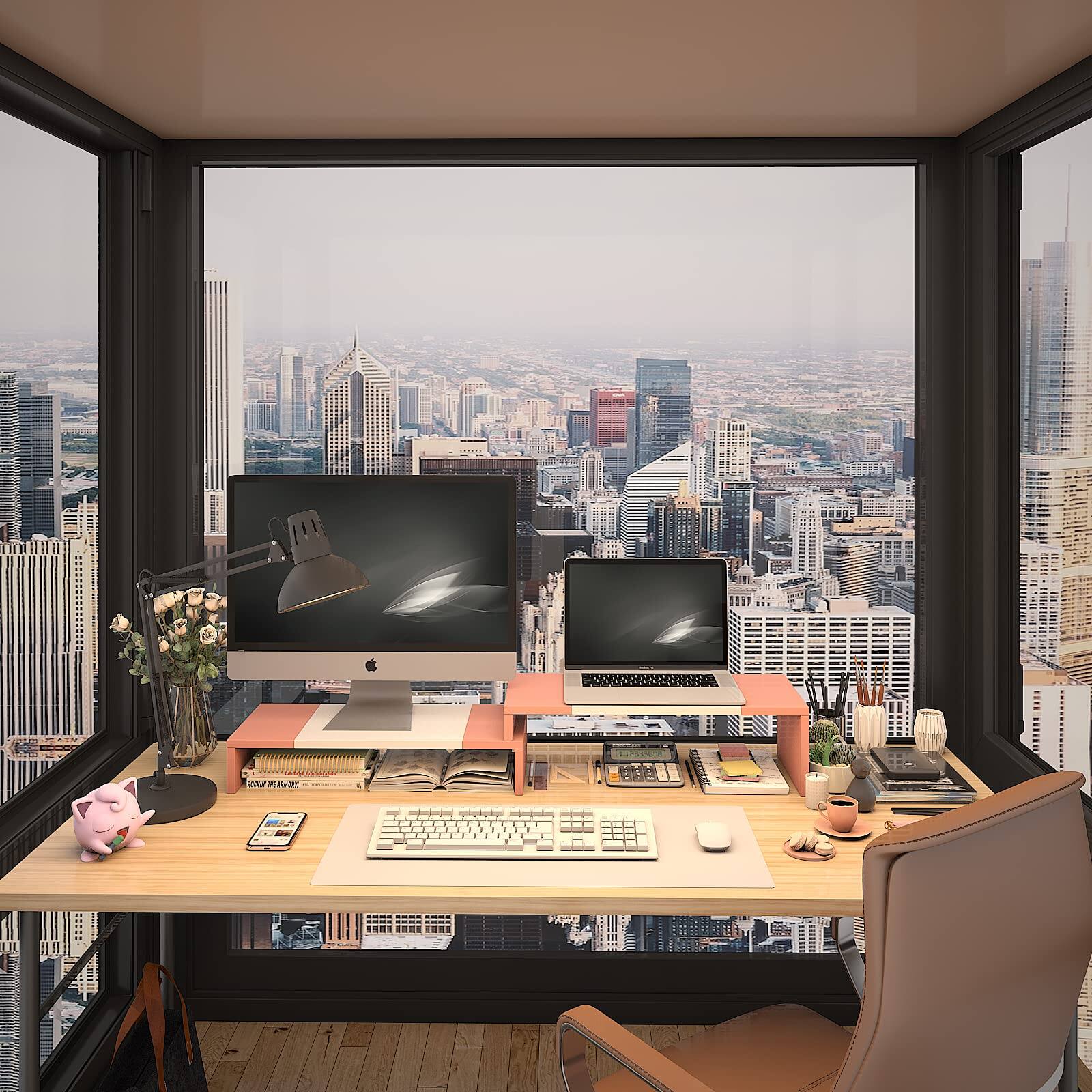 Alt View 3. Cedar Assembly - Dual Monitor Stand Riser 2 Shelf Computer With Adjustable Length And Angle Stands For 2 Monitors Desktop - Grey.