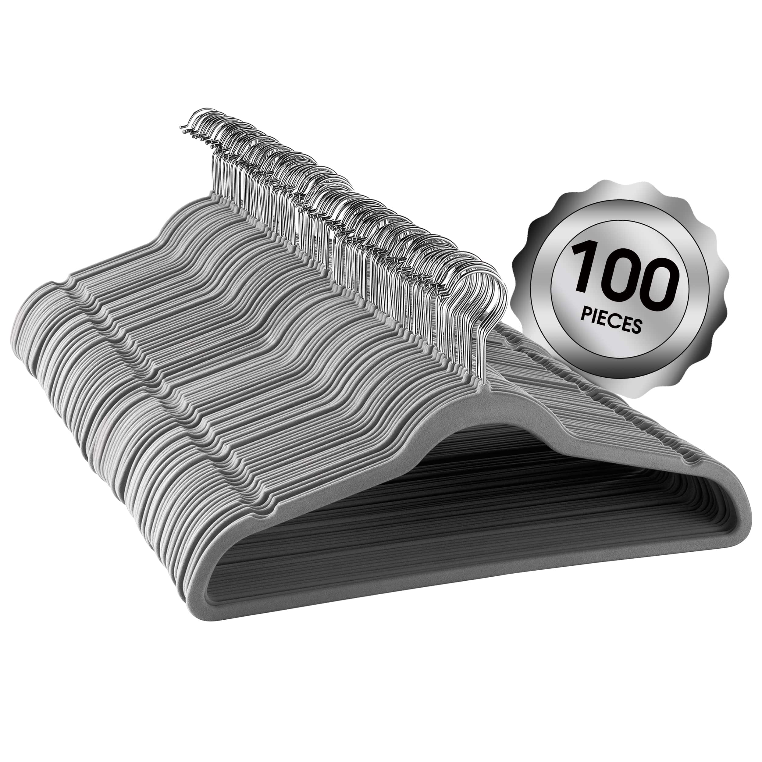 Elama - 100 Piece Set of Velvet Slim Profile Heavy Duty Felt Hangers with Stainless Steel Swivel Hooks - Gray