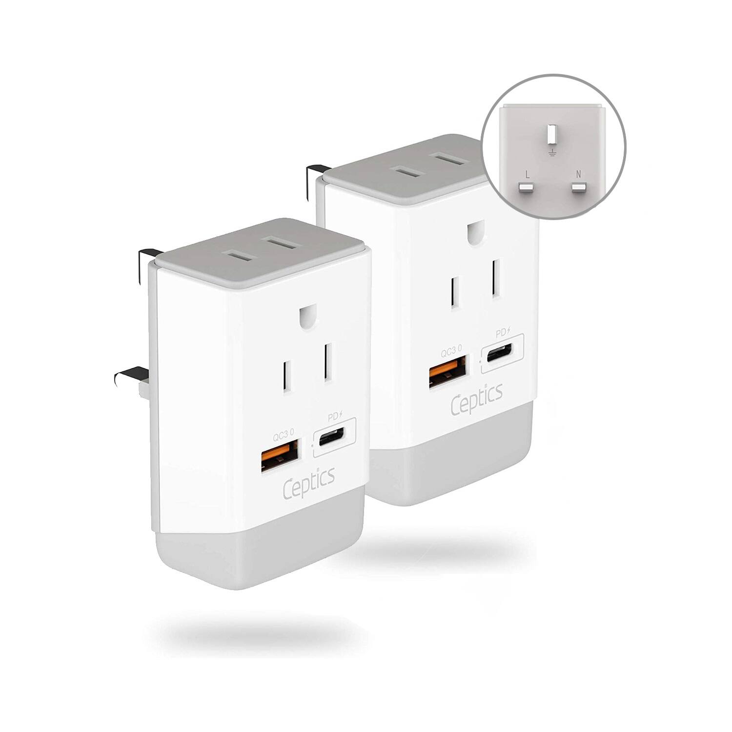 Ceptics - UK, England Travel Adapter | Type G - USB-A & USB-C Ports + 2 USA Outlet (AP-7-2PK) - White Gray