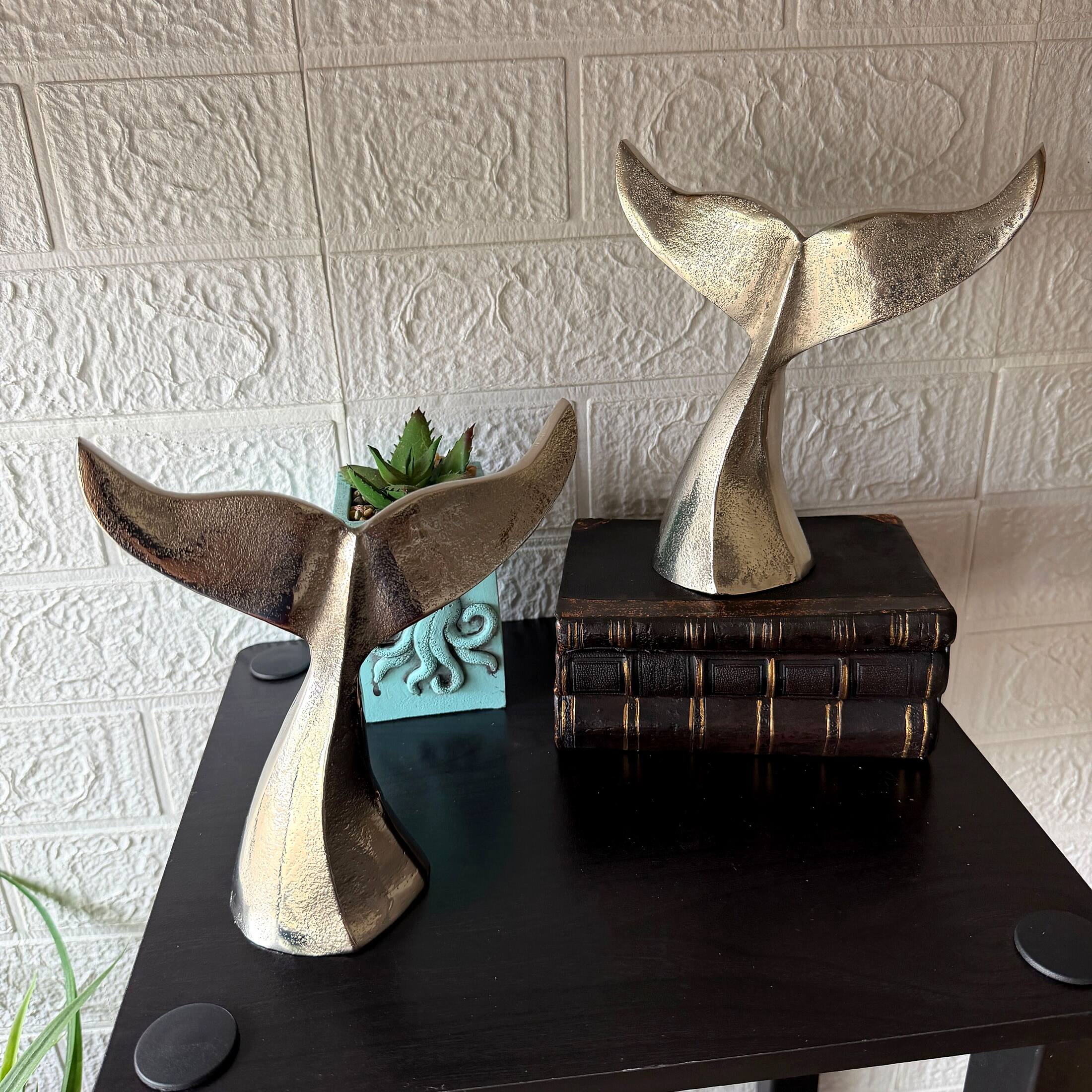 Alt View 3. Things2Die4 - Decorative Whale Tail Bookends Set of 2 Silver Cast Aluminum 7 In - Silver.