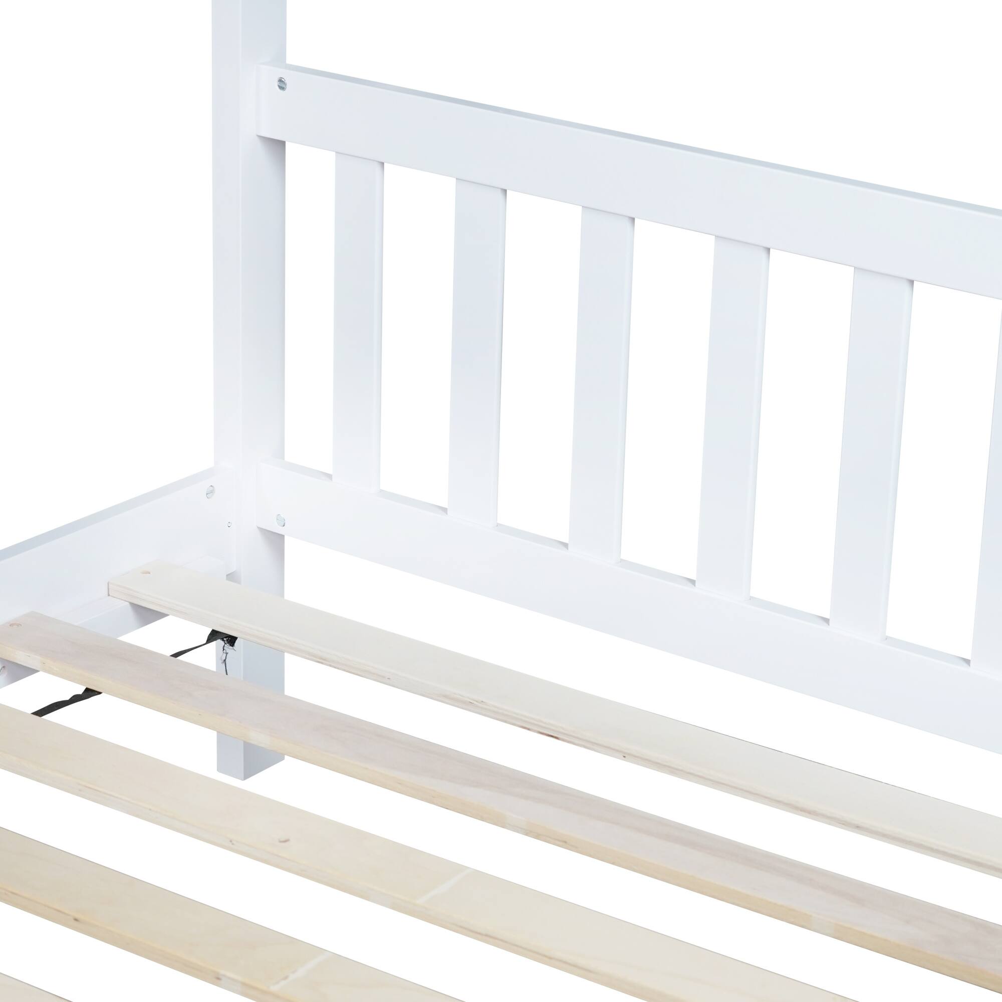 Back. GOODSILO - Twin Size House Frame Bed with Headboard and Footboard in Light Wood Finish - White.