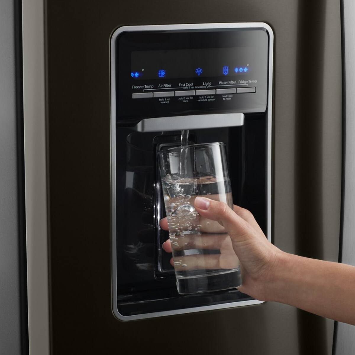 Freezer Temp Air Filter Fast Cool Light Water Filter Fridge Temp

- Hold 3 sec for lock
- Hold 3 sec for cool water
- Hold 3 sec for water filter
- Hold 3 sec for fridge temp