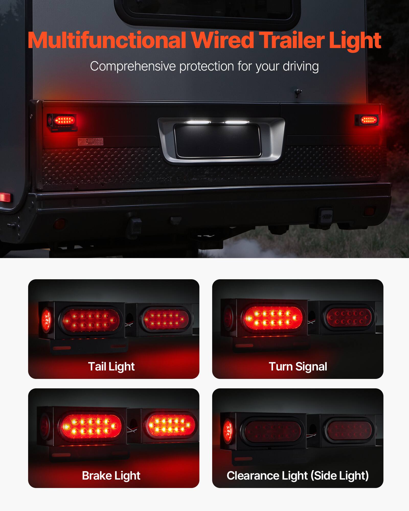 Multifunctional Wired Trailer Light  
Comprehensive protection for your driving

- Tail Light
- Turn Signal
- Brake Light
- Clearance Light (Side Light)