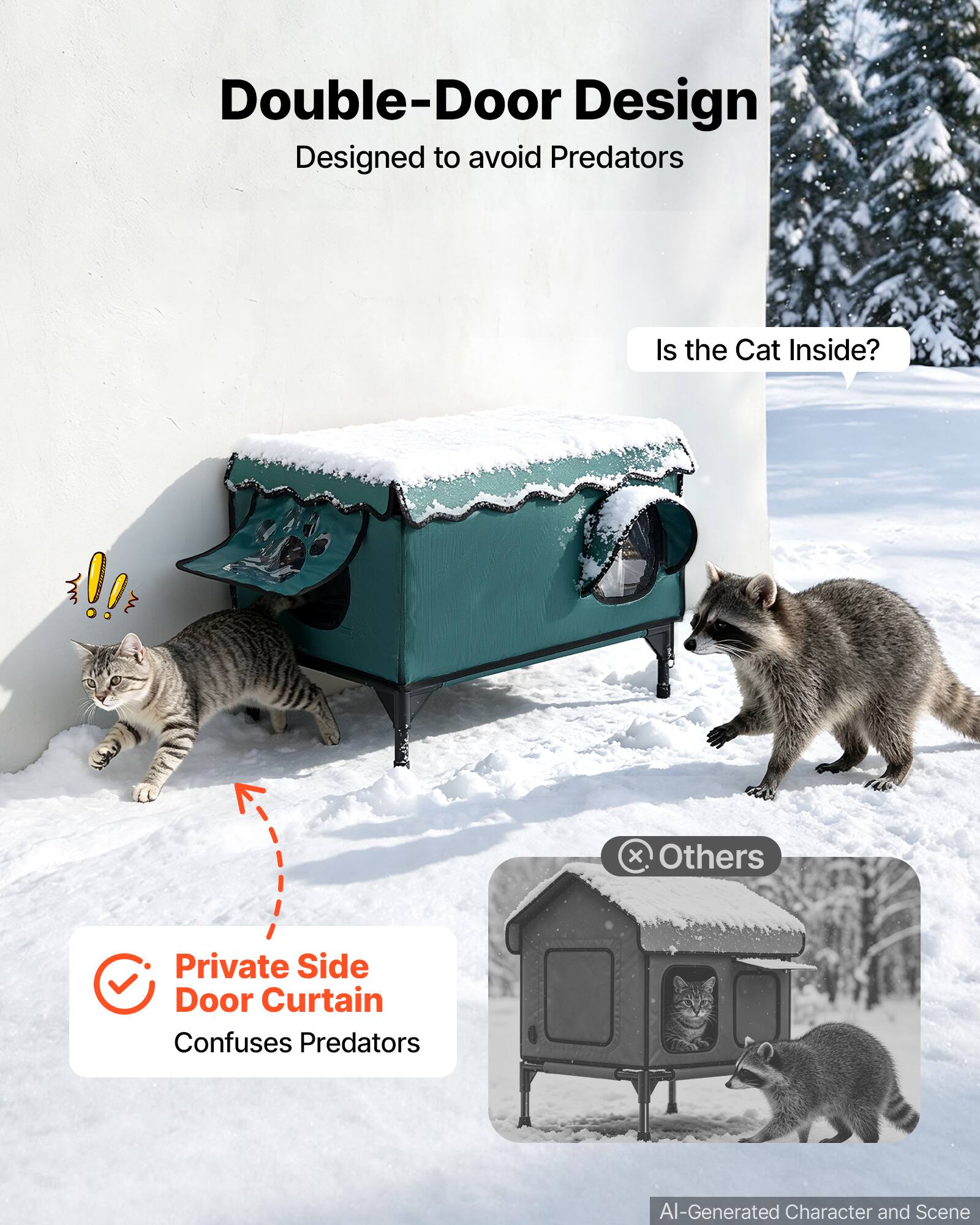 Double-Door Design  
Designed to avoid Predators

Is the Cat Inside?!!

Private Side Door Curtain  
Confuses Predators

Others

AI-Generated Character and Scene