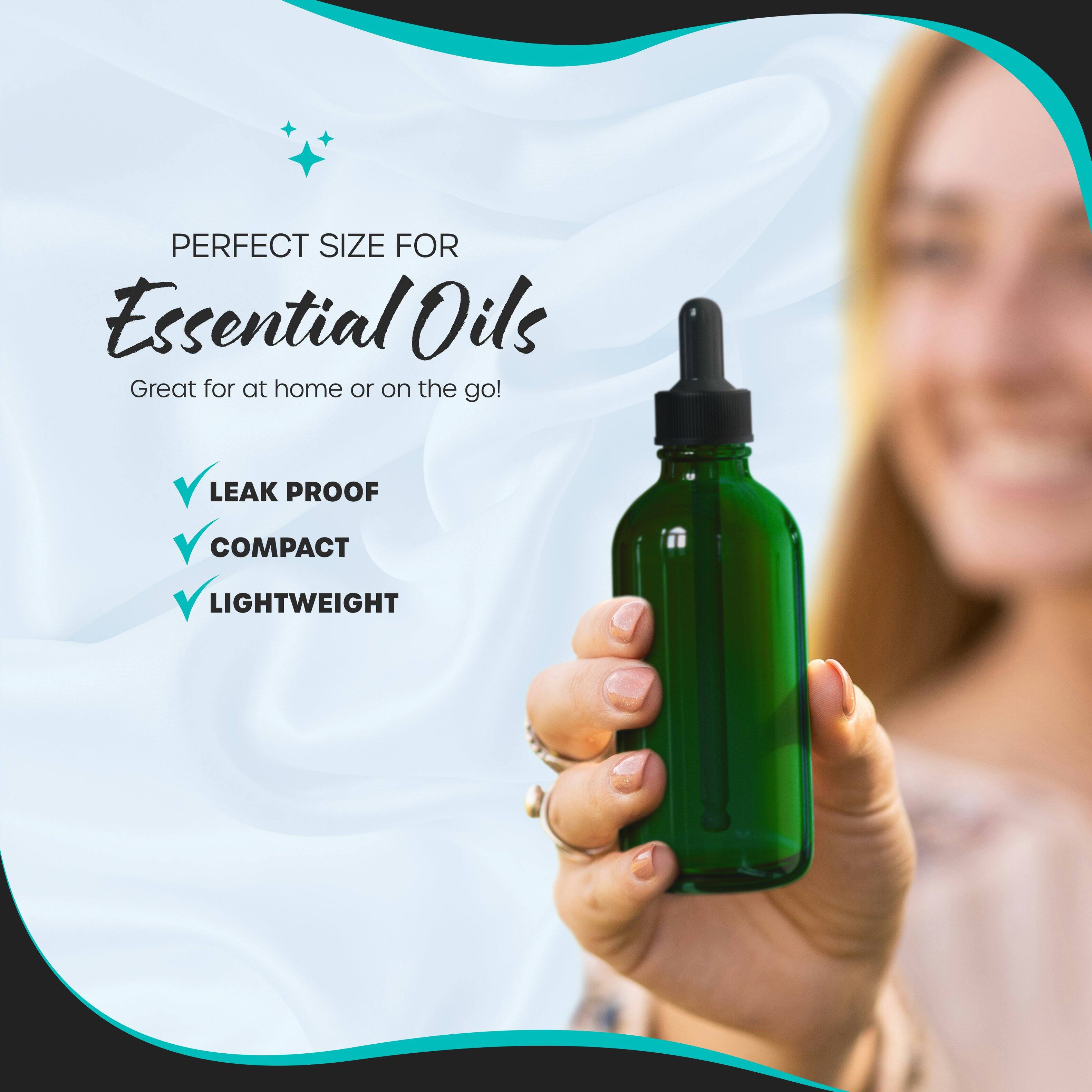 PERFECT SIZE FOR Essential Oils  
Great for at home or on the go!  
LEAK PROOF  
COMPACT  
LIGHTWEIGHT