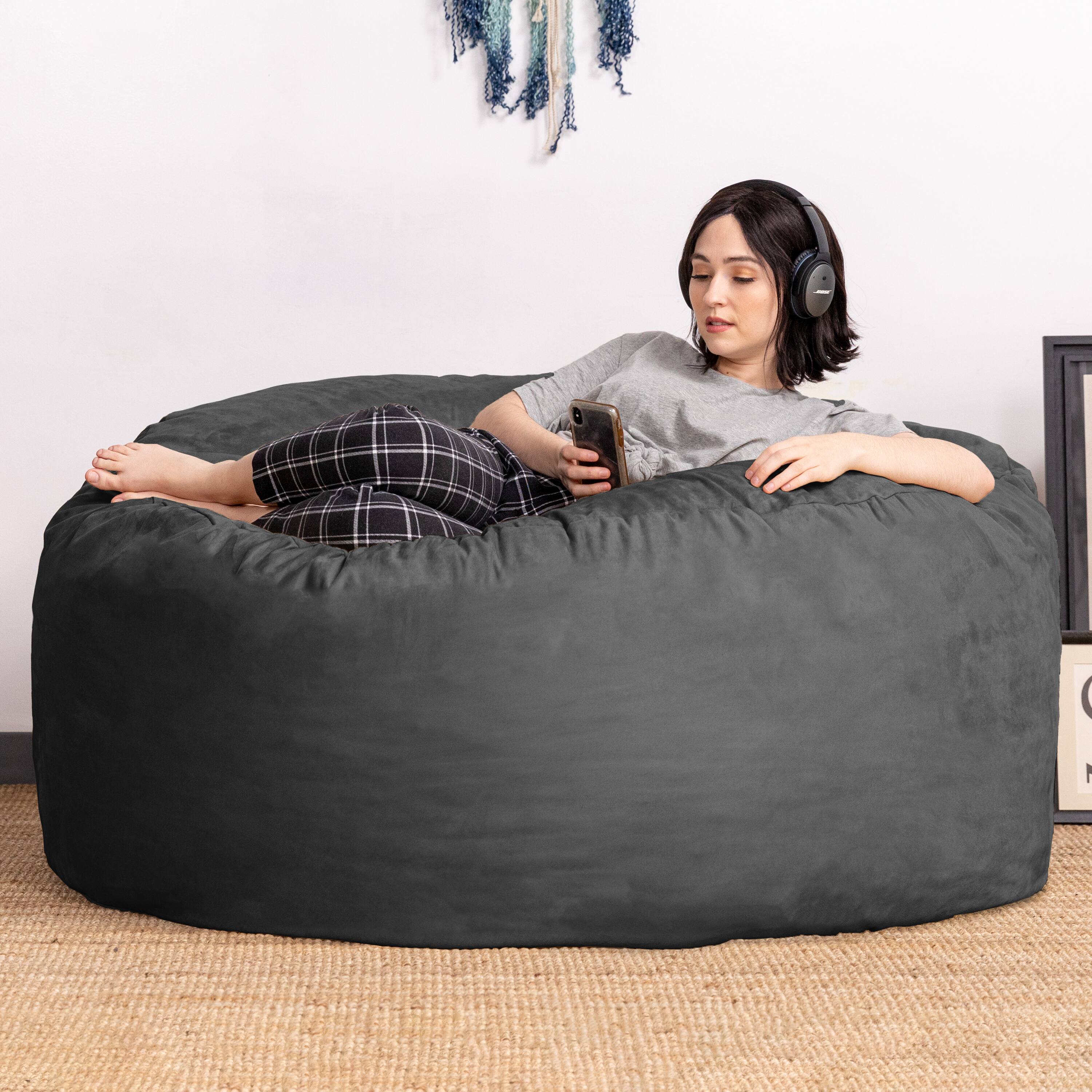 Left. Jaxx - Jaxx Basics 5 Foot Large Adult Bean Bag Chair, Oversized with Filler, Gray - Gray.