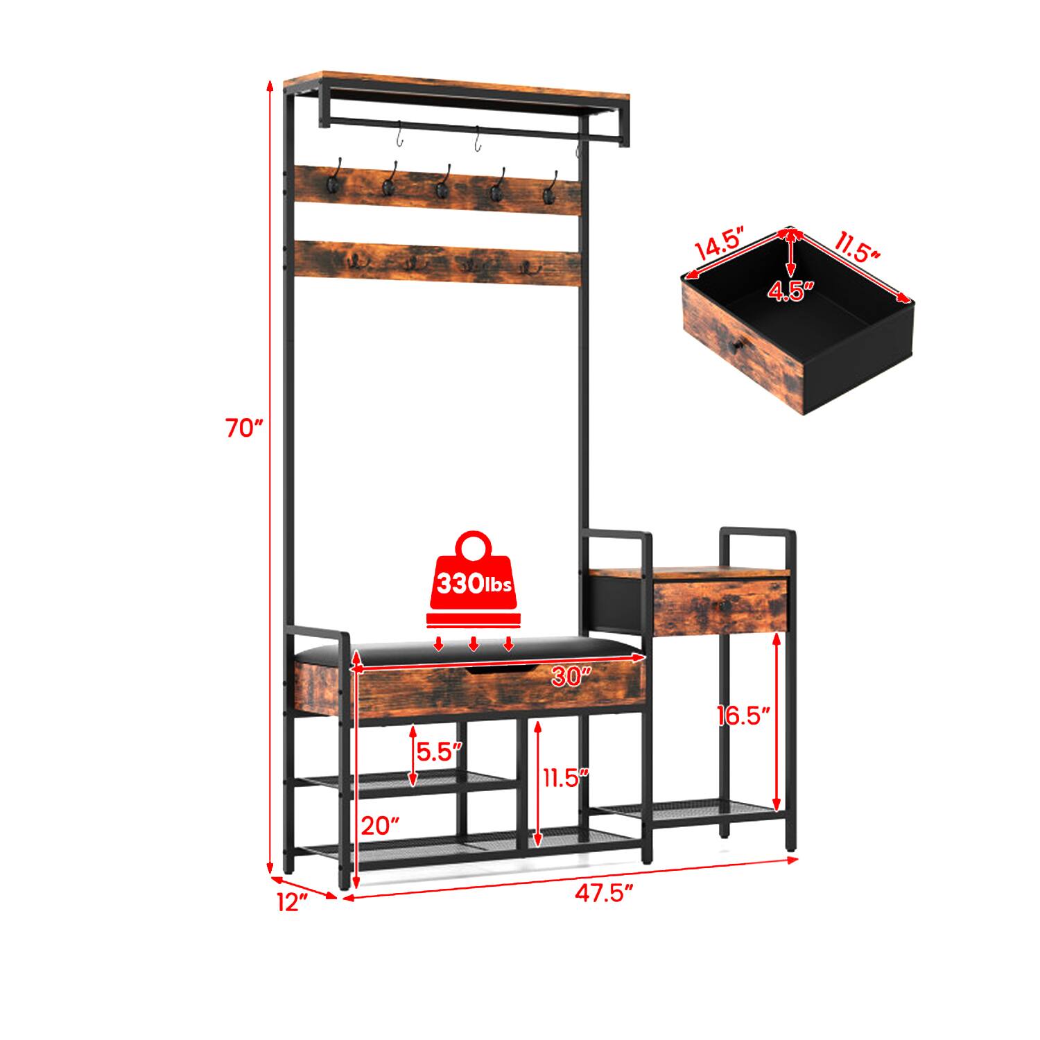 14.5" x 11.5" x 4.5"  
70"  
330lbs  
5.5" x 30" x 11.5"  
16.5" x 20" x 12"  
47.5"