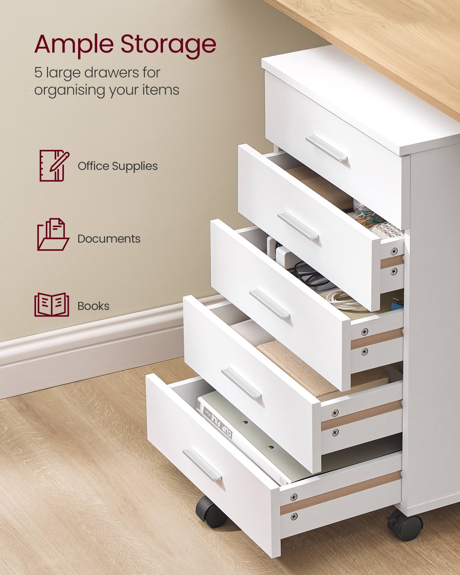 Ample Storage  
5 large drawers for organising your items  

- Office Supplies  
- Documents  
- Books