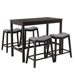 Gymax - 5PCS Bar Table Set Counter Height Table & Upholstered Saddle Stools Set for 4 - Black,Grey