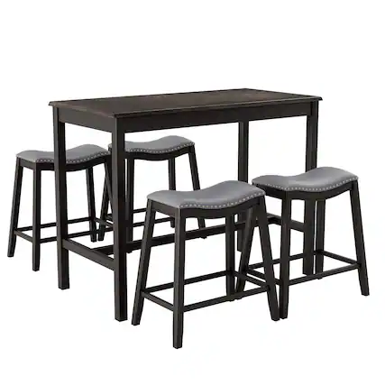 Front. Gymax - Gymax 5PCS Bar Table Set Counter Height Table & Upholstered Saddle Stools Set for 4 - Black,Grey.