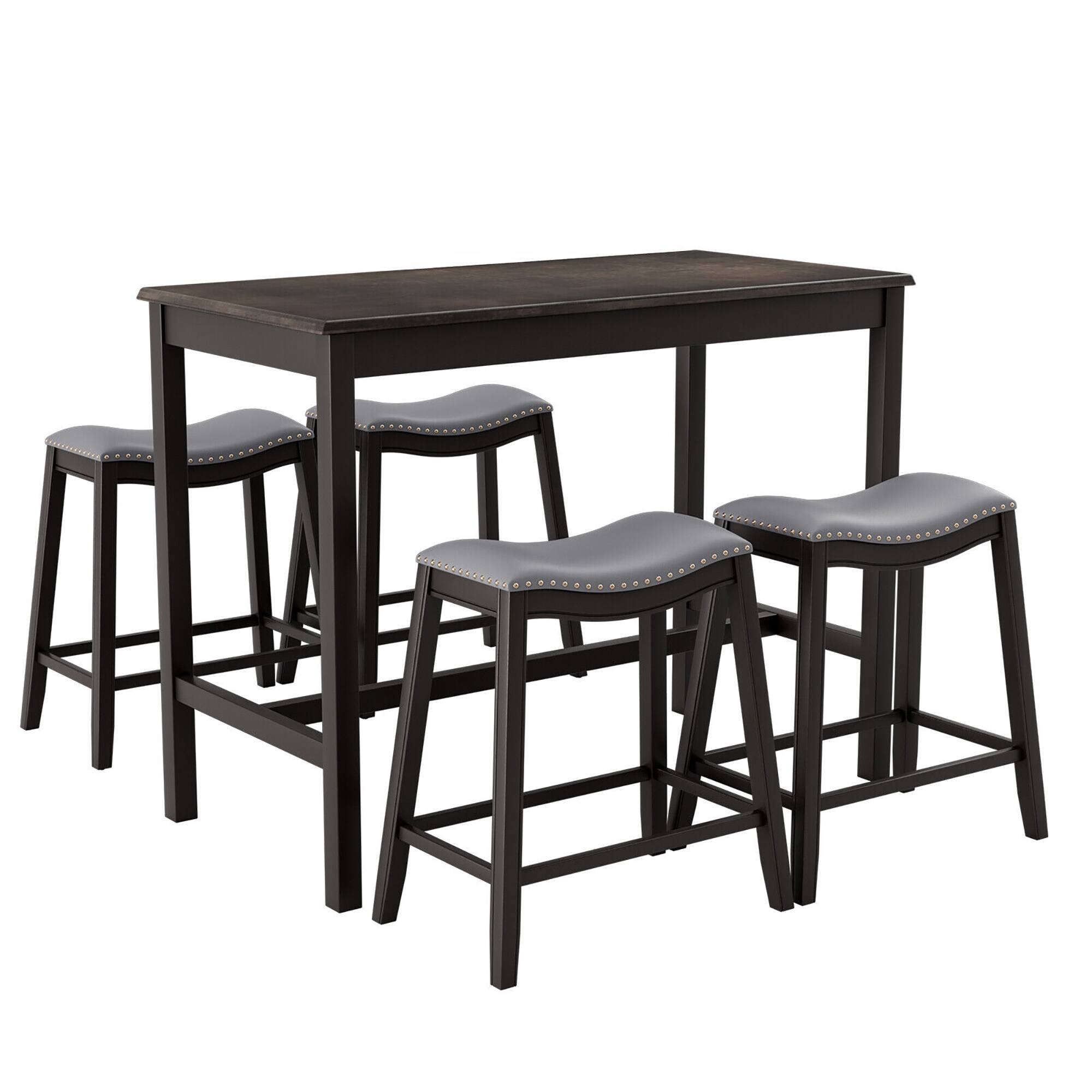 Front. Gymax - Gymax 5PCS Bar Table Set Counter Height Table & Upholstered Saddle Stools Set for 4 - Black,Grey.
