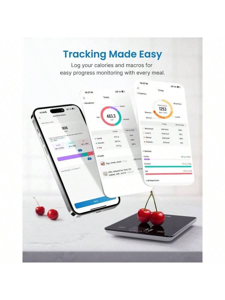Tracking Made Easy  
Log your calories and macros for easy progress monitoring with every meal.

1857  
Today  
16:57  

Calories Today  
16:48  

Breakfast  
463.3 Calories  
1253 Calories  
1800 Calories  

Carbs  
46g  
14%  
Protein  
19.4g  
32%  
Fat  
36.3g  
56%  

Snacks  
1253 Calories  

Breakfast  
463 kcal  
28%  
Lunch  
348 kcal  
19%  
Dinner  
348 kcal  
19%  
Snacks  
93 kcal  
5%  

Macros  
Carbs  
368g / 285g  
Protein  
127g / 95g  
Fat  
80g / 90g  

All Nutrients  
Carbs  
Protein  
Fat  

Done