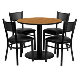 Emma + Oliver - 36'' Round Laminate Table Set with 4 Grid Back Metal Chairs - Natural