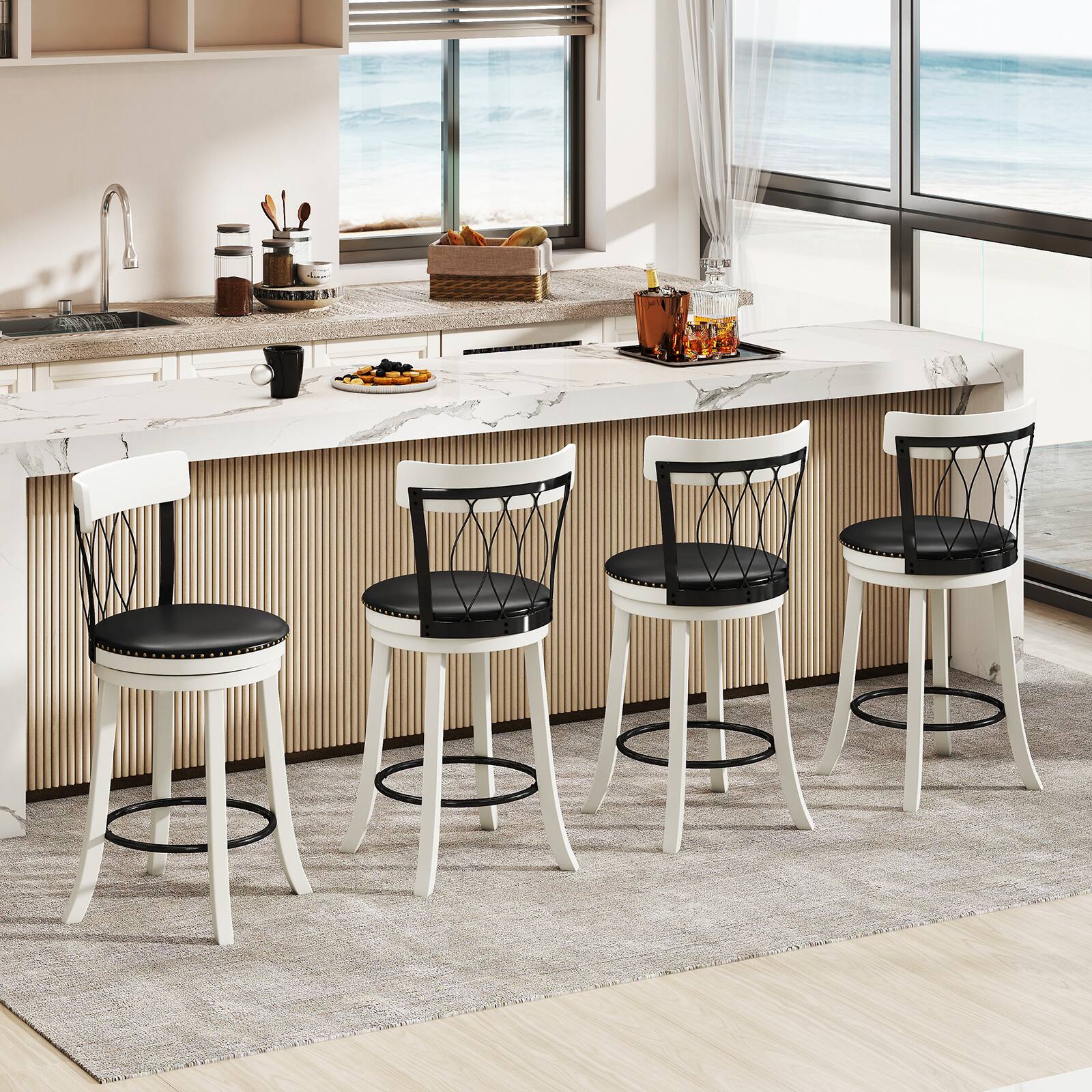 Alt View 3. Gymax - Gymax 26'' Set of 4 Bar Stools w/ Footrest Rubber Wood Frame & Tufted Rivets - Black.