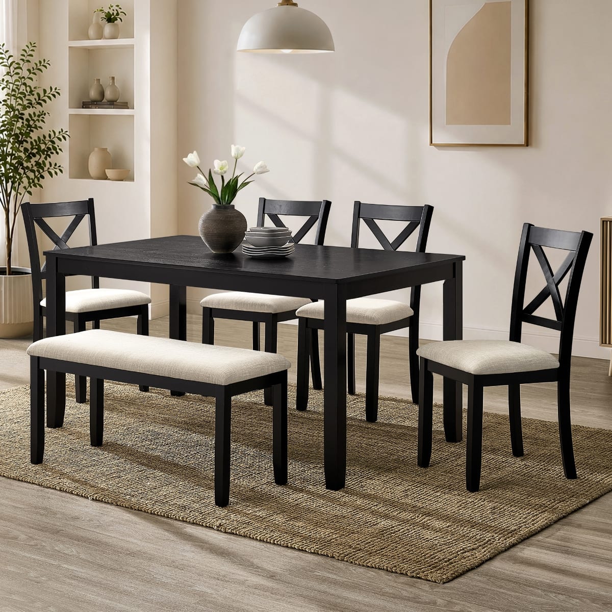 Loheer - 6-Piece Dining Table Set for 6, Black Farmhouse Rectangular Table with Bench and X-Back Chairs - Black and Beige