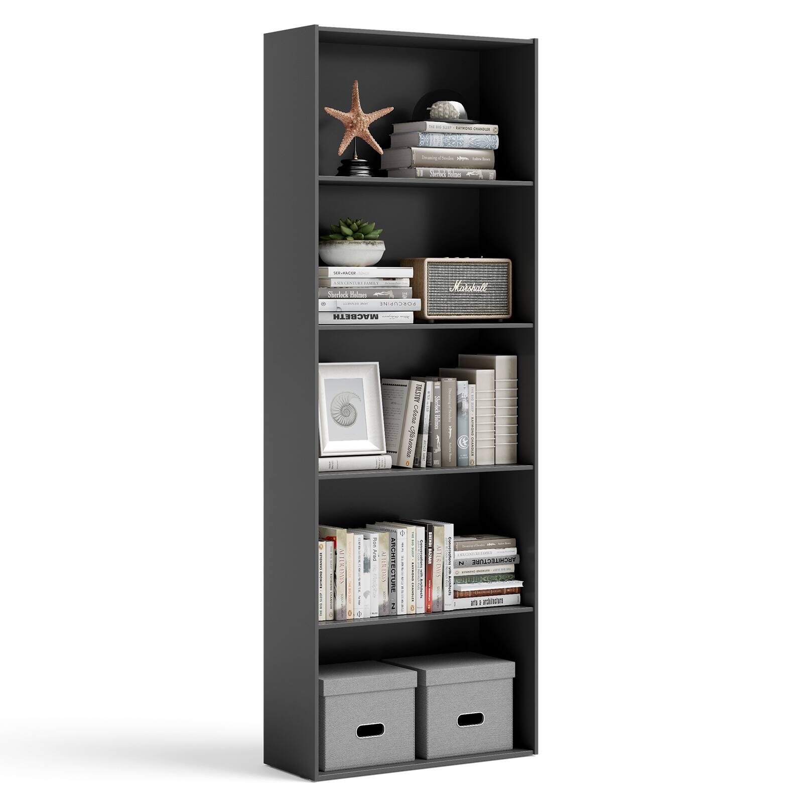 The image features a black bookshelf filled with various items. There are several books of different sizes placed on the shelves, as well as a vase and a starfish decoration. Additionally, there is a potted plant on the shelf, adding a touch of greenery to the scene. The bookshelf is a functional and aesthetically pleasing addition to the space.