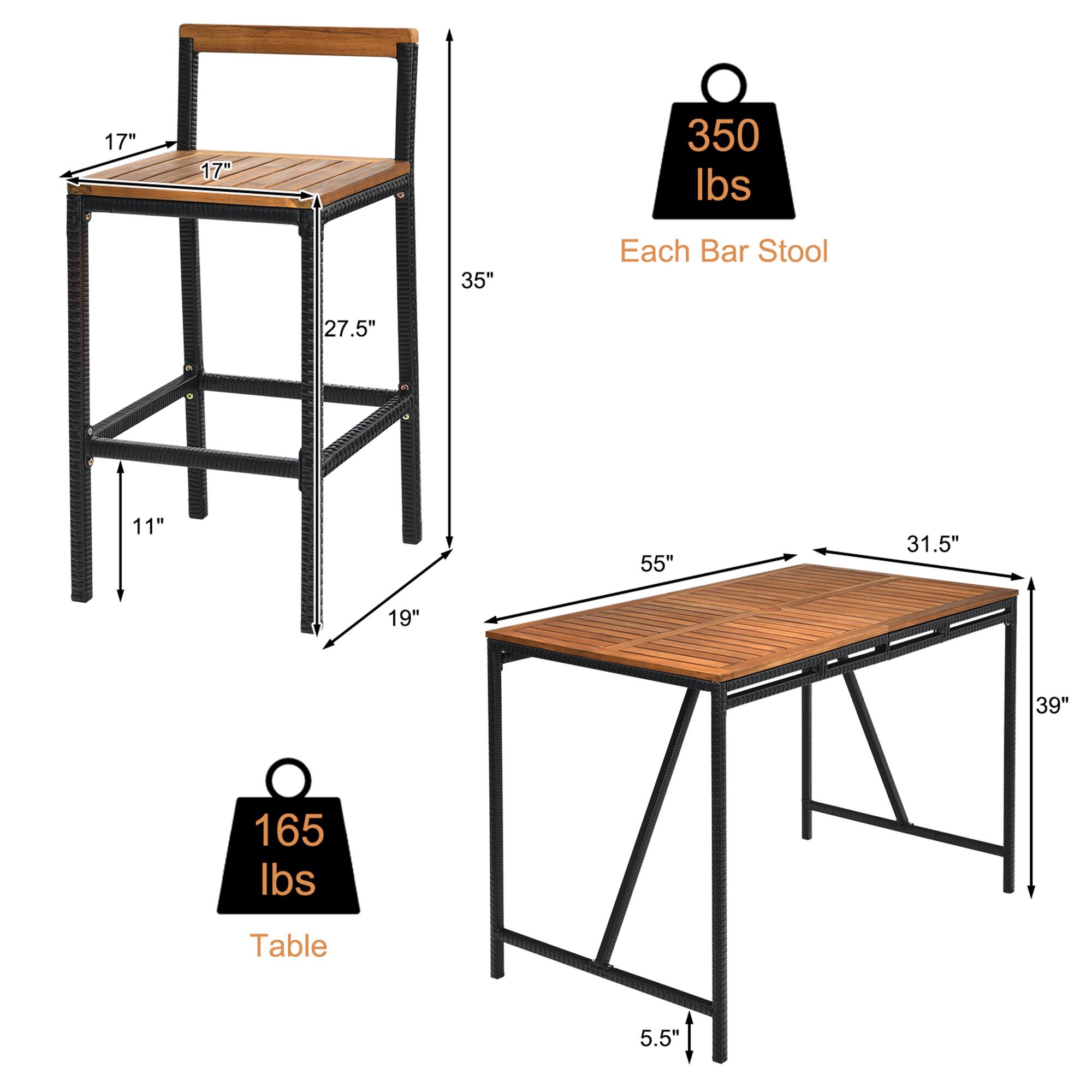 - Each Bar Stool: 17" x 17" x 35" (height), 11" (seat height), 19" (leg width), 350 lbs capacity
- Table: 55" x 31.5" (top dimensions), 39" (height), 5.5" (leg width), 165 lbs capacity