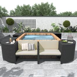 Anysun - Quadrilateral Outdoor Rattan Sectional Sofa Set - Spa Frame, Wooden Seats, Mini Sofa & Storage - Beige
