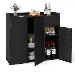 Costway - Outdoor PE Wicker Storage Cabinet with 3 Doors, Adjustable Shelves and Drawer - Black