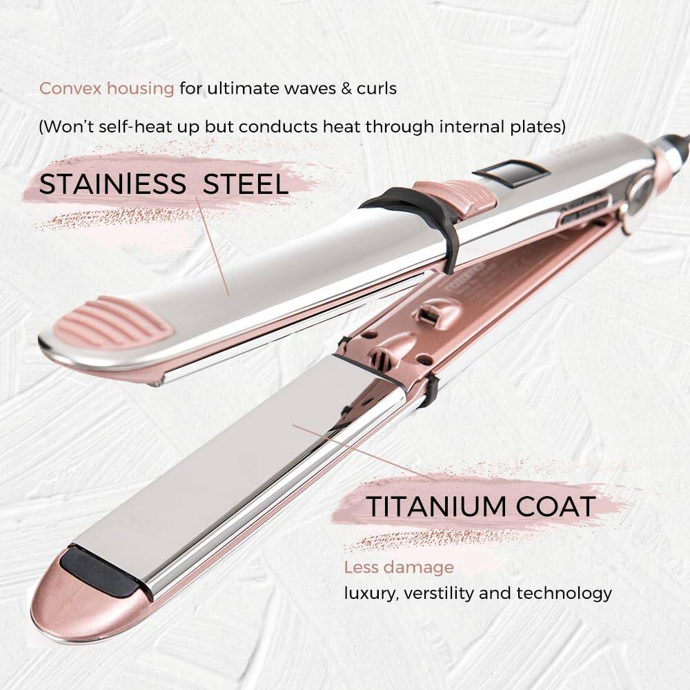 Convex housing for ultimate waves & curls  
(Won't self-heat up but conducts heat through internal plates)  

STAINLESS STEEL  

TITANIUM COAT  
Less damage  
luxury, versatility and technology