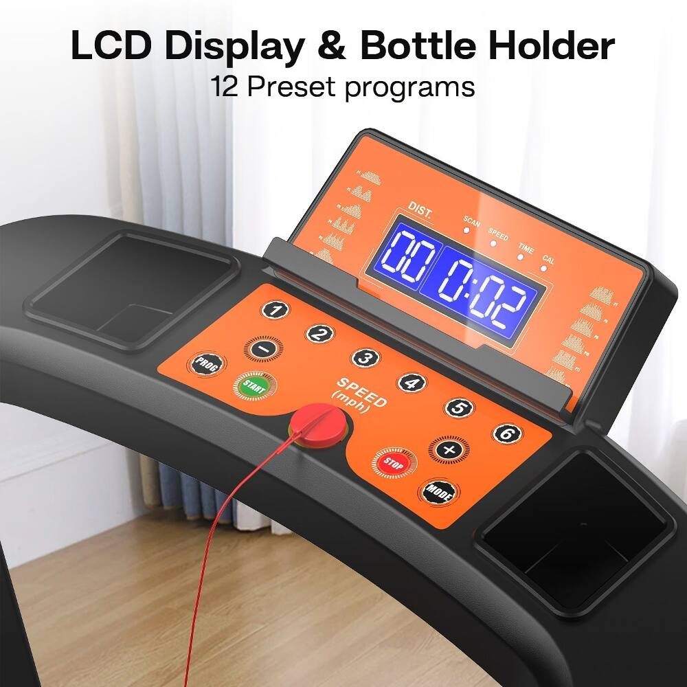LCD Display & Bottle Holder  
12 Preset programs  

DIST. SCAN SPEED TIME 00 CAL 1 2 0:02 - M PROG 3 - MORIED 4 START SPEED 5 6 x STOP MODE