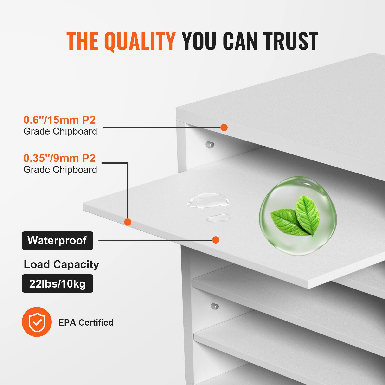 THE QUALITY YOU CAN TRUST

0.6"/15mm P2 Grade Chipboard  
0.35"/9mm P2 Grade Chipboard  

Waterproof  
Load Capacity 22lbs/10kg  

EPA Certified