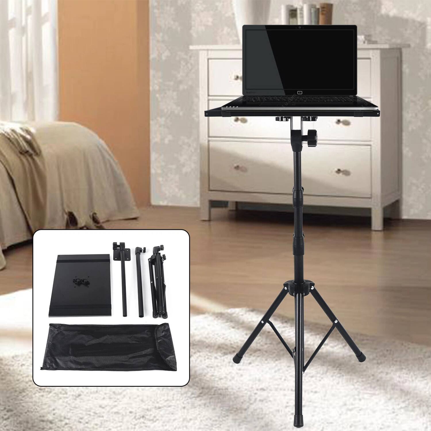 Left. Stock Preferred - Adjustable Mobile Projector Floor Stand Laptop Holder with Tray - Black.