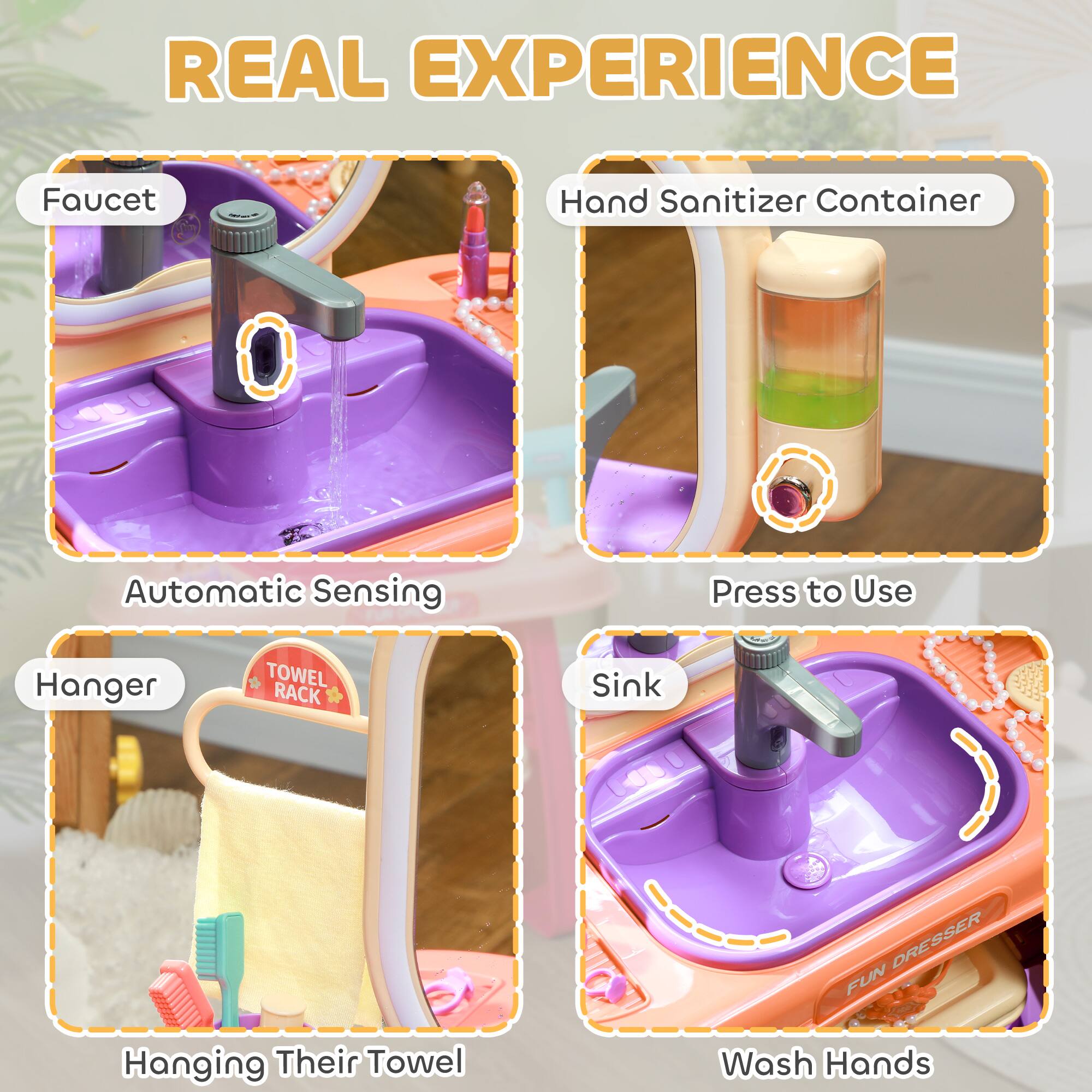 REAL EXPERIENCE

- Faucet
  - Automatic Sensing

- Hand Sanitizer Container
  - Press to Use

- Hanger
  - Hanging Their Towel

- Sink
  - Wash Hands