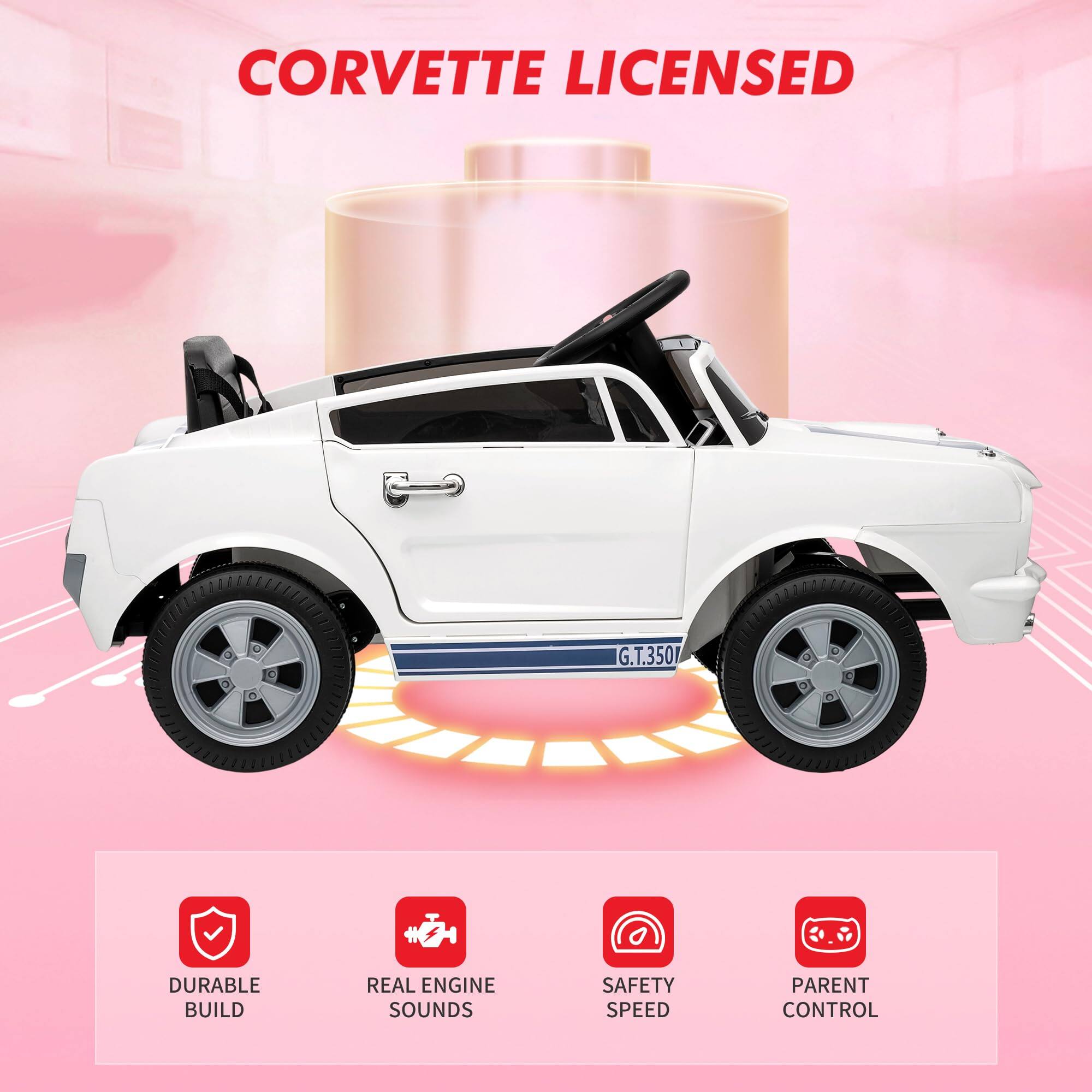 CORVETTE LICENSED

G.T.350

- DURABLE BUILD
- REAL ENGINE SOUNDS
- SAFETY SPEED
- PARENT CONTROL
