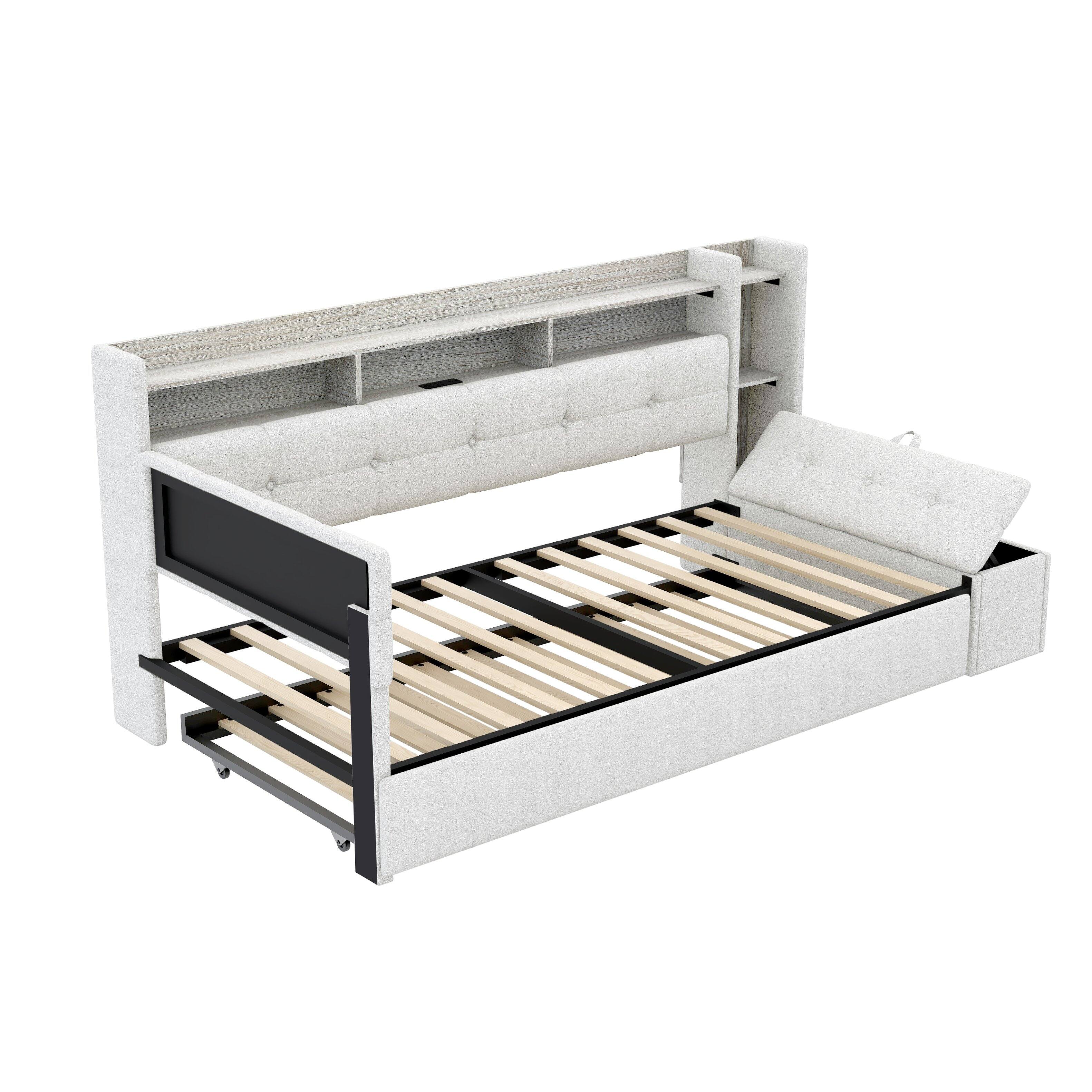 Alt View 1. Whisen - Twin Size Upholstered Daybed with Trundle, Storage Shelves, LED Light & USB Charging Station - Beige.