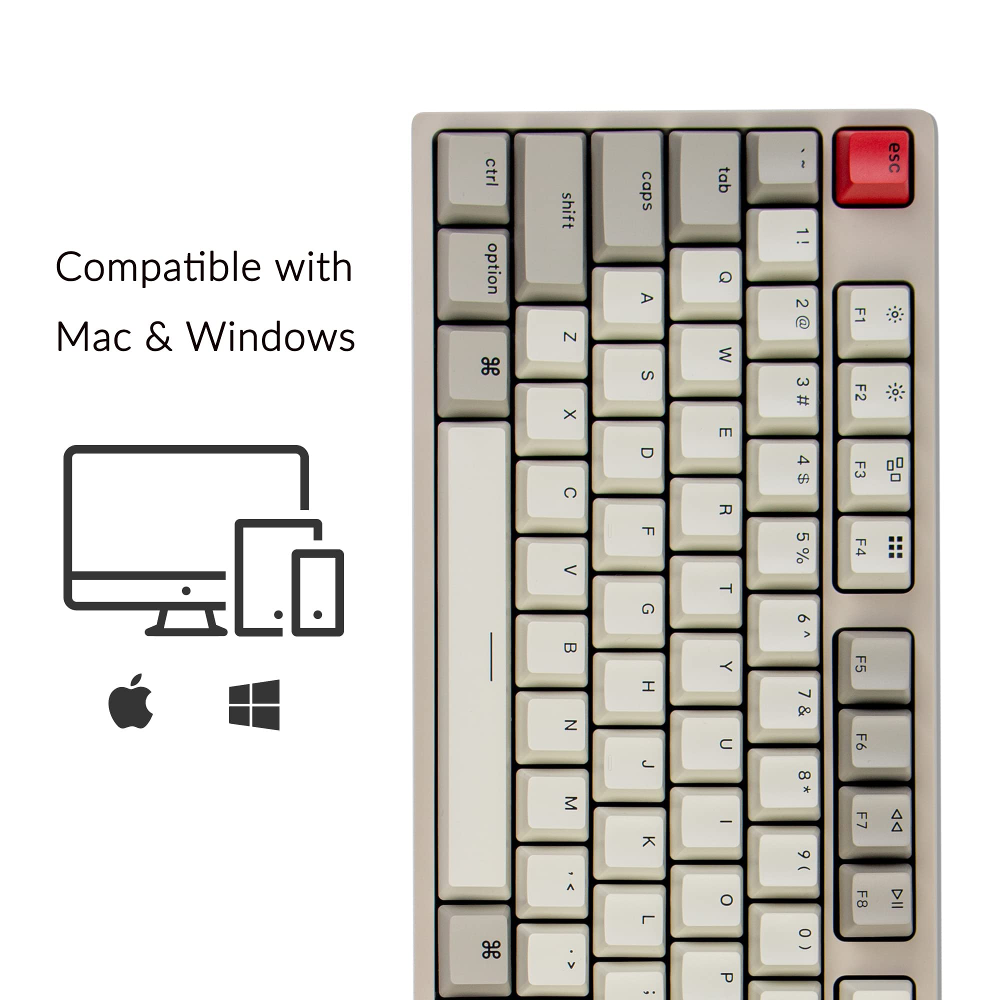 Compatible with Mac & Windows

ctrl option shift caps tab esc

Q W E R T Y U I O P
A S D F G H J K L
Z X C V B N M
1 2 3 4 5 6 7 8 9 0
! @ # $ % ^ & * ( )
F1 F2 F3 F4 F5 F6 F7 F8