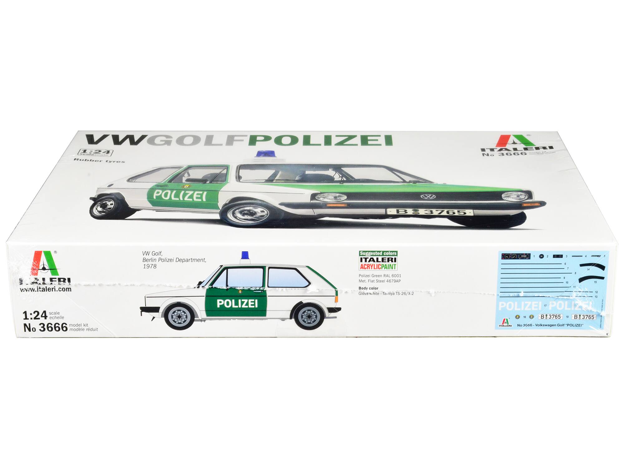 VWGOLF POLIZEI  
1:24  
Rubber tyres  

ITALERI  
No. 3666  
www.italeri.com  

1:24 scale  
echelle  
model kit  
No 3666  
modèle réduit  

VW Golf, Berlin Polizei Department, 1978  

Suggested colors  
ITALERI ACRYLIC PAINT  
Polizei Green RAL 6001  
Met. Flat Steel 4679AP  
Body color  
Gloss white - Tamiya TS-26/X-2  

POLIZEI  
B 3765  

POLIZEI  
B 3765  

No 3666 - Volkswagen Golf "POLIZEI"