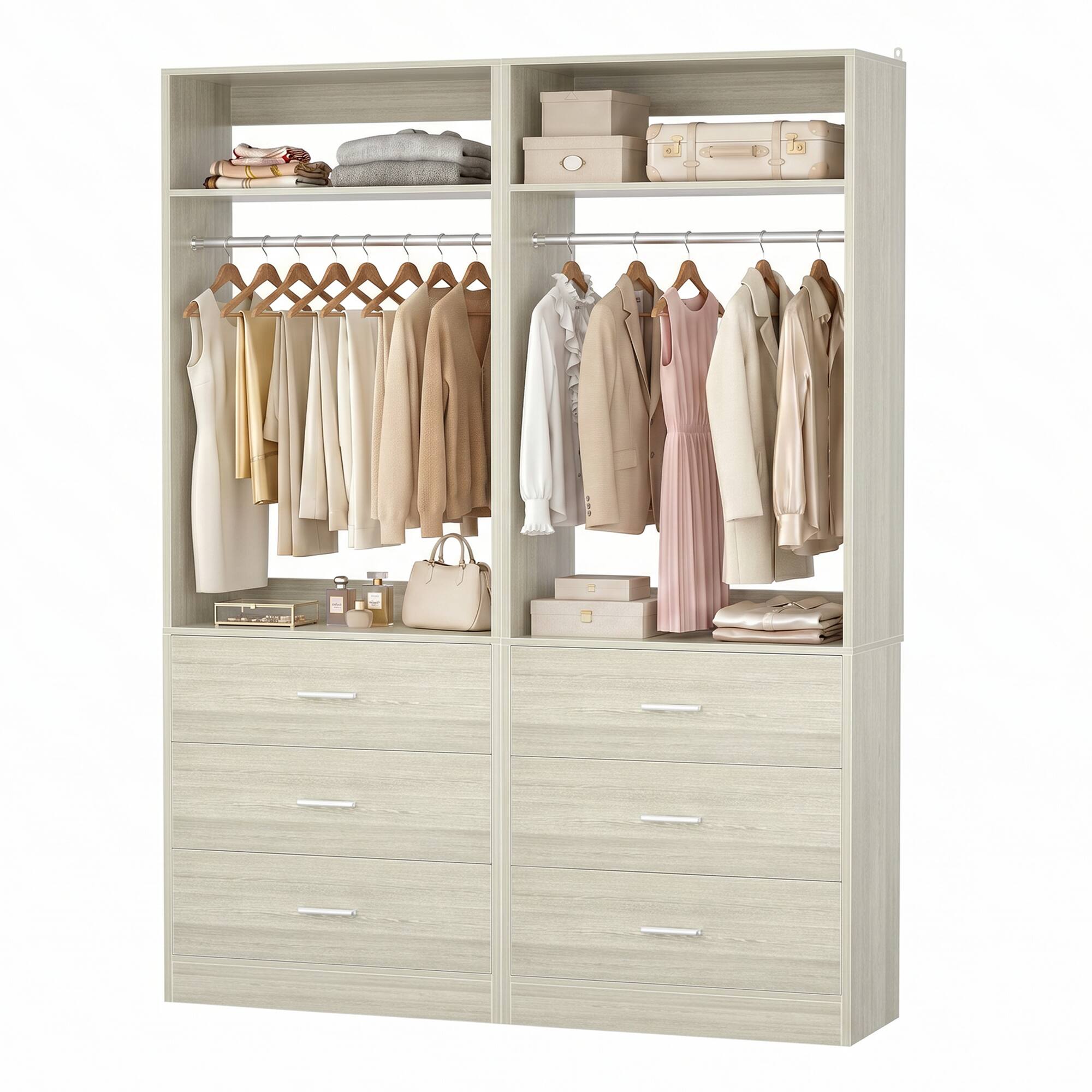 Alt View 3. Aheaplus - 48" Set of 2 Closet Systems with 6 Drawers, 2 Hanging Rods & 2 Shelves - Heavy Duty Walk-in Organizer,Ships 2 packages - White Oak.