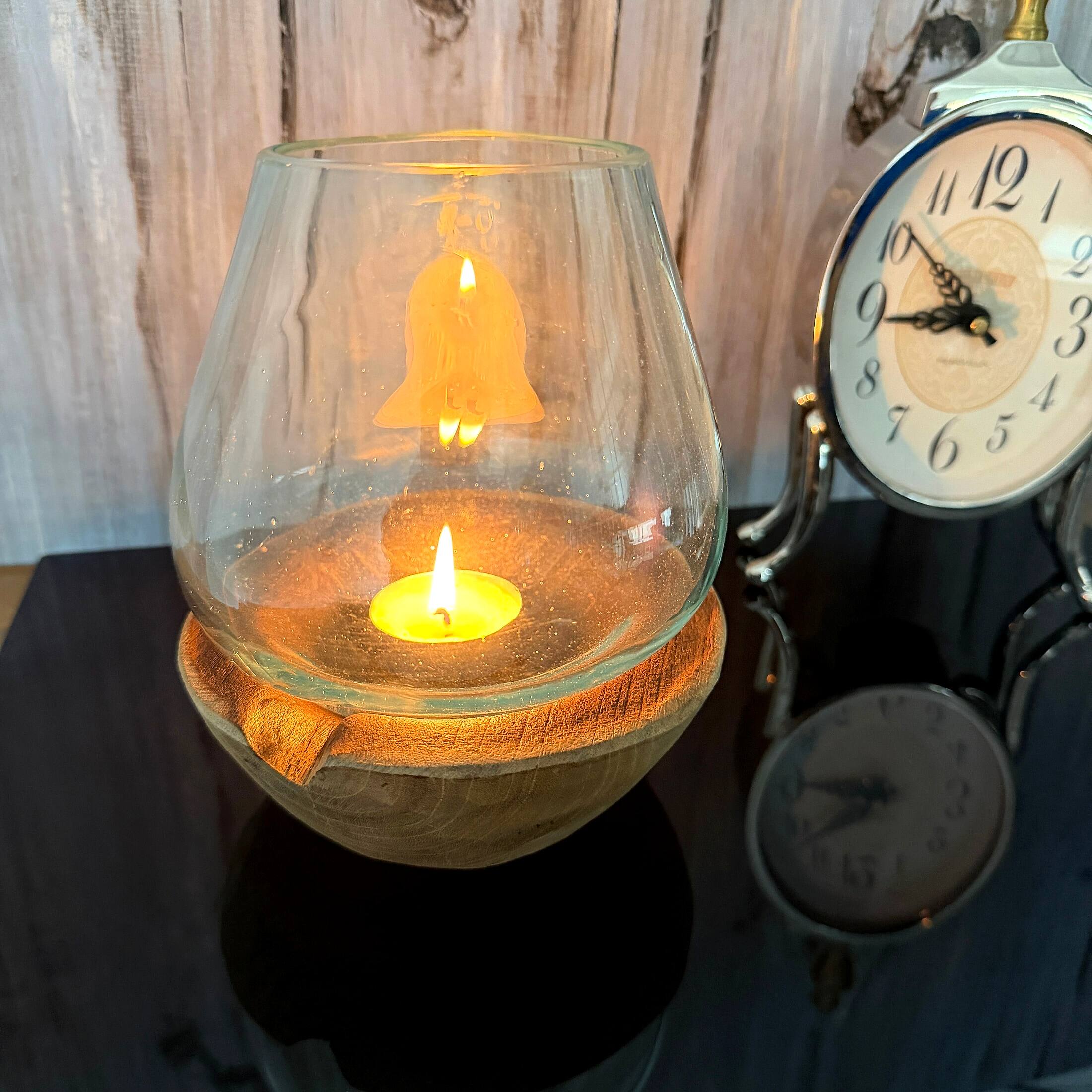 Alt View 6. Things2Die4 - Decorative Glass Candle Lantern Natural Wood Base 6.5 in Handmade Accent - Natural.
