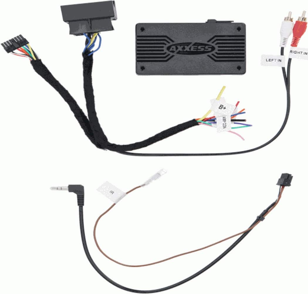 Axxess is a company that produces electronic components, including a black box and various wires and cables. The image shows a close-up of these components, including a black box, wires, and cables. The wires and cables are connected to the black box, which is likely a part of an electronic system.