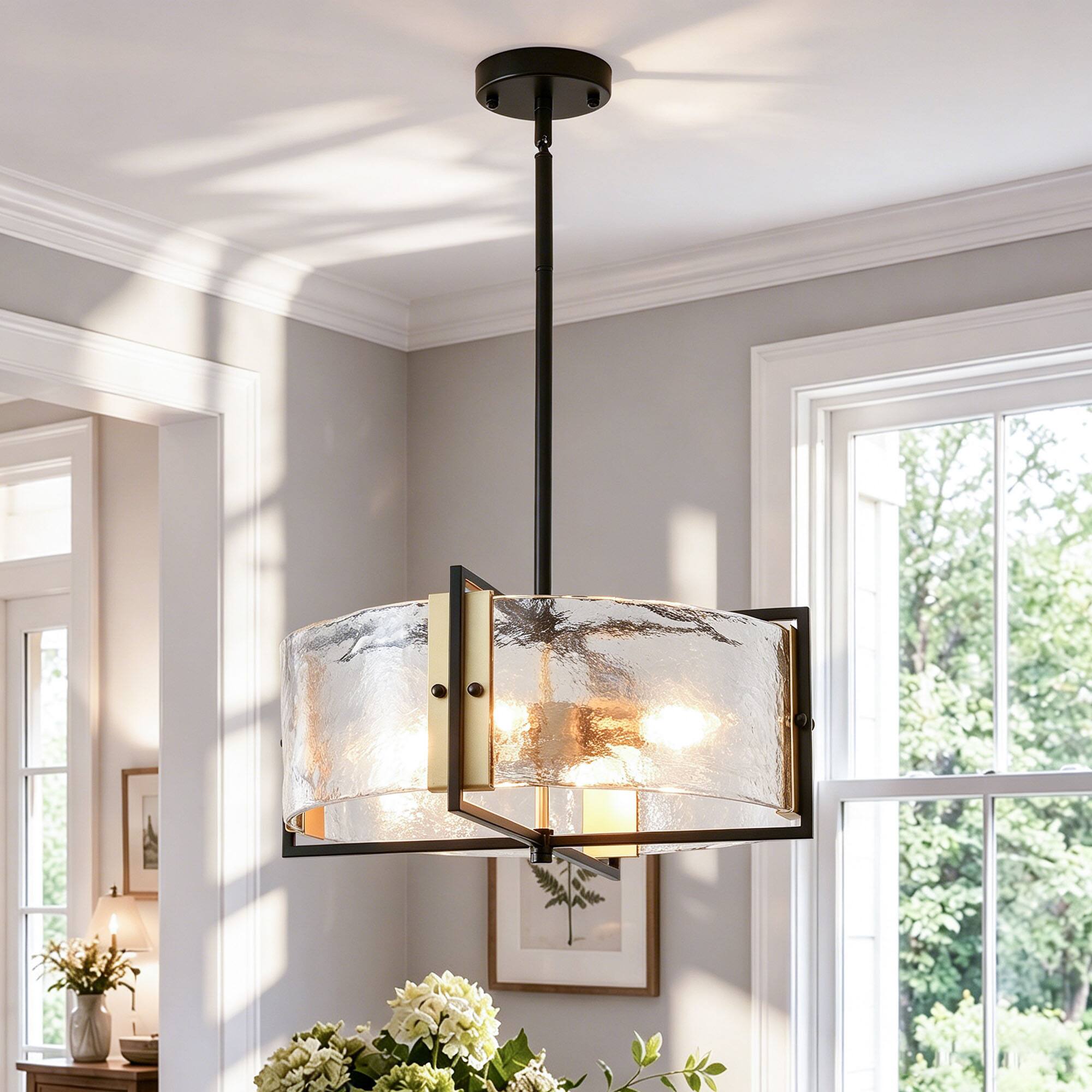 Front. RYHNUYNE - Modern Farmhouse 4-Light Black Chandelier, Adjustable Dimmable Pendant Light for Dining Room, Kitchen Island, Entryway - Black.