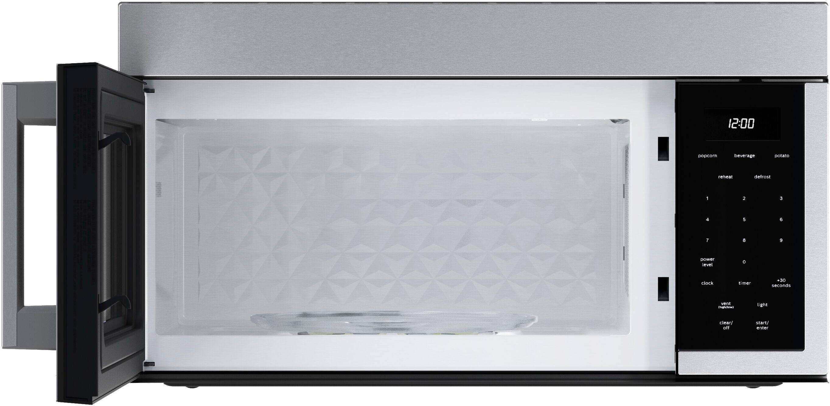 12:00 popcorn beverage potato reheal defrost 1 2 3 4 5 . T 8 9 near servei . Clock timer +30 seconds vent s Light clear/ of sEart/ enter