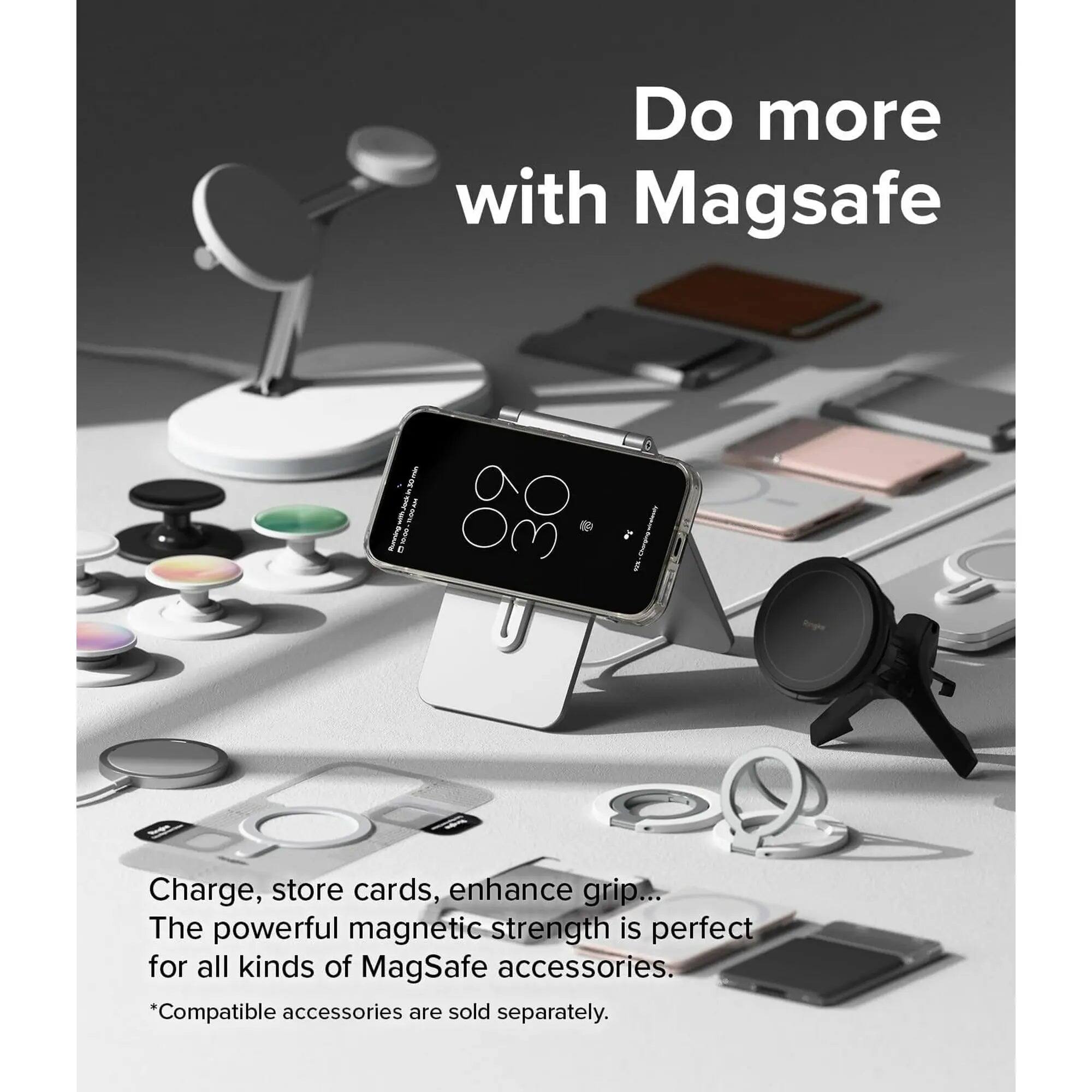 Do more with MagSafe

Charge, store cards, enhance grip... The powerful magnetic strength is perfect for all kinds of MagSafe accessories. *Compatible accessories are sold separately.