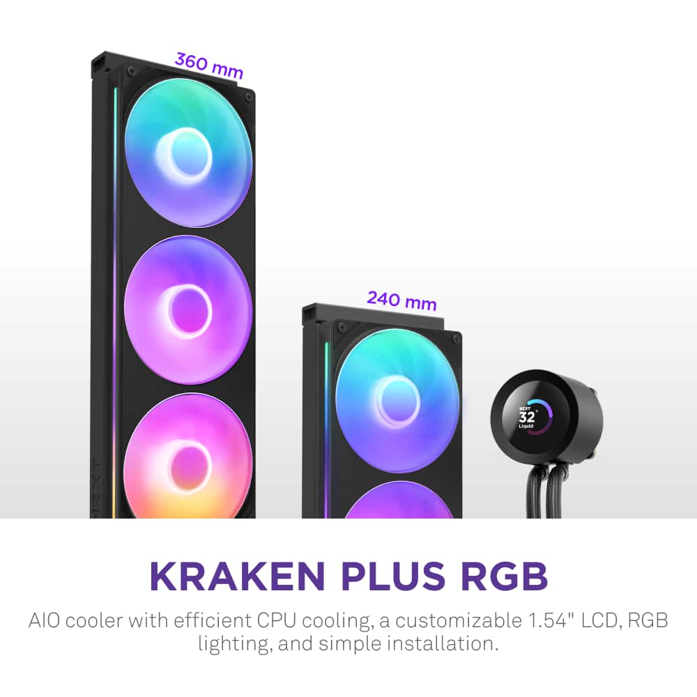 The image features two Kraken Plus RGB speakers, each measuring 360 mm and 240 mm in size. The speakers are designed to provide efficient CPU cooling, a customizable 1.54" LCD, RGB lighting, and simple installation. The speakers are placed next to each other, showcasing their sleek design and impressive features.