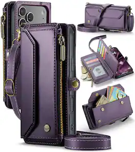 Dteck - Wallet Case for Apple iPhone 17 Pro Max, PU Leather RFID Blocking Card Holder Kickstand Cover with Crossbody Strap - Purple