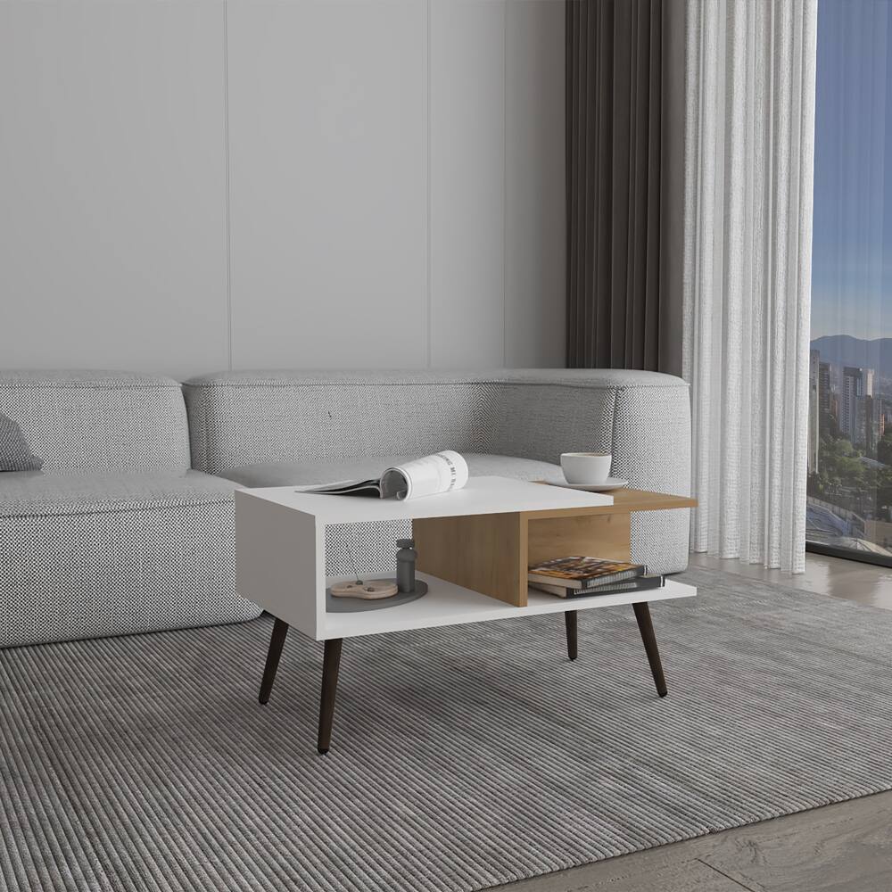 Angle. TuHome - Aranjuez 29" Wide Coffee Table With Three Shelves, Rectangular, Living Room - Natural Oak - White - Black.