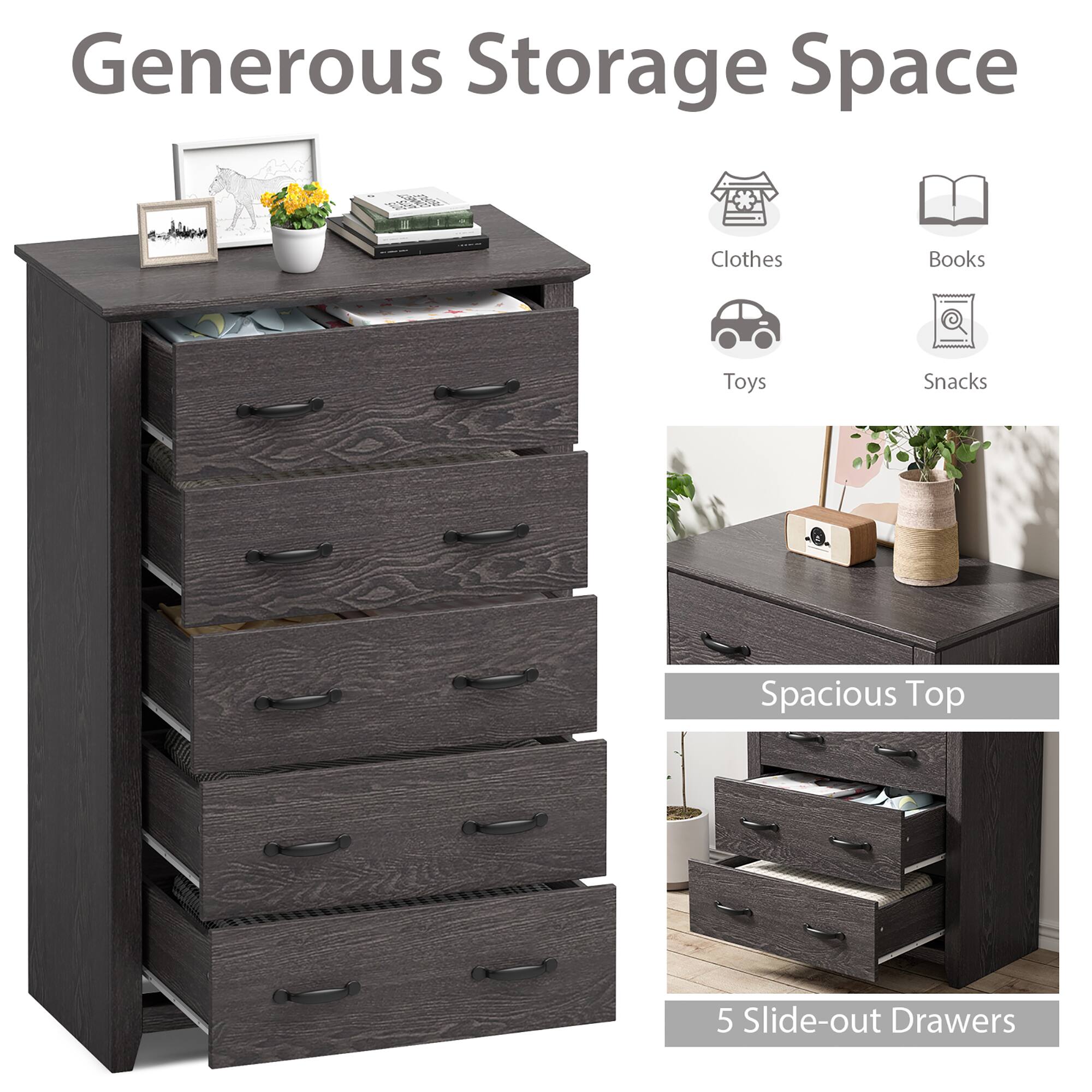 Generous Storage Space, Spacious Top, 5 Slide-out Drawers, Clothes, Books, Toys, Snacks